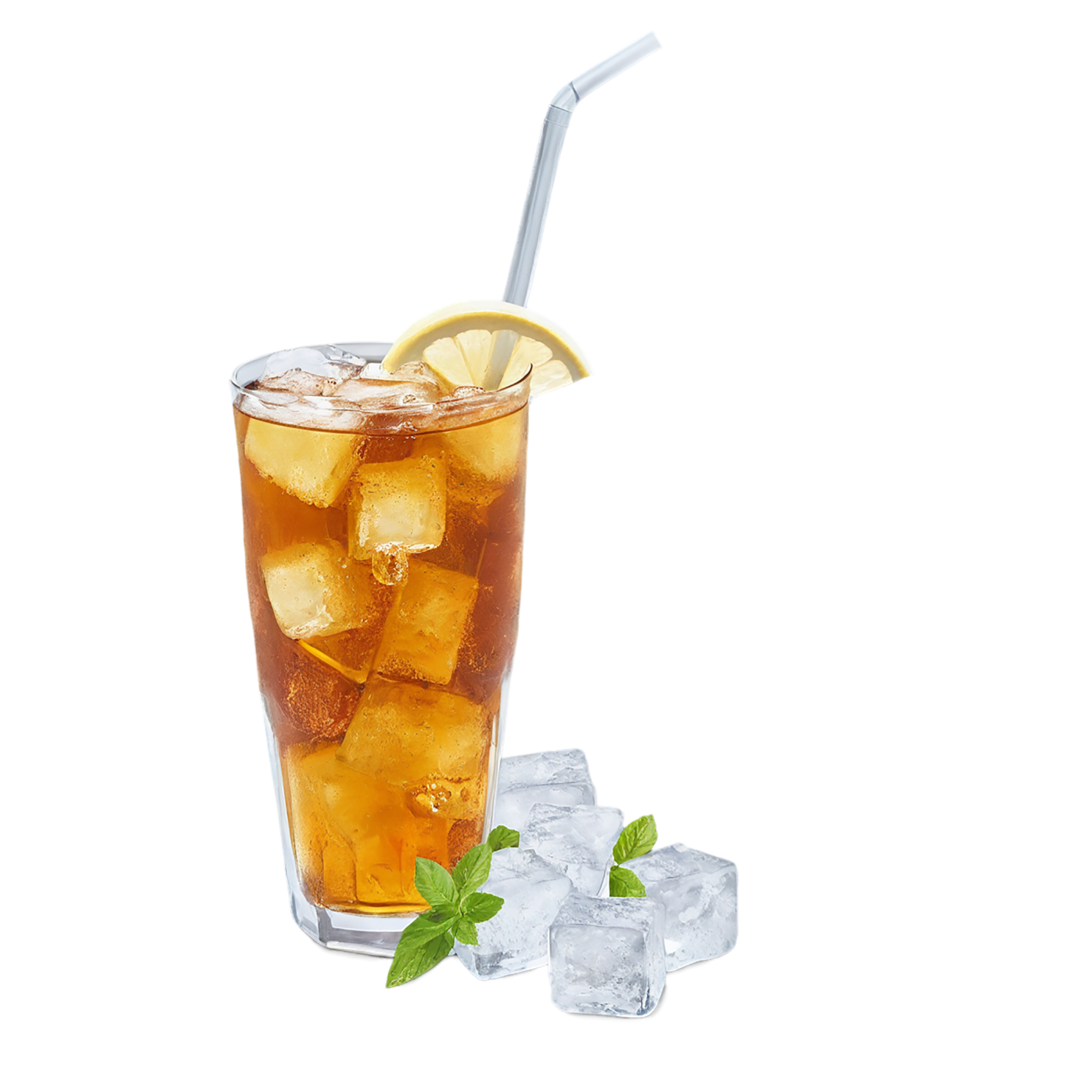 Glass of Iced tea beverage with ice cube and lime isolated on transparent background #2205