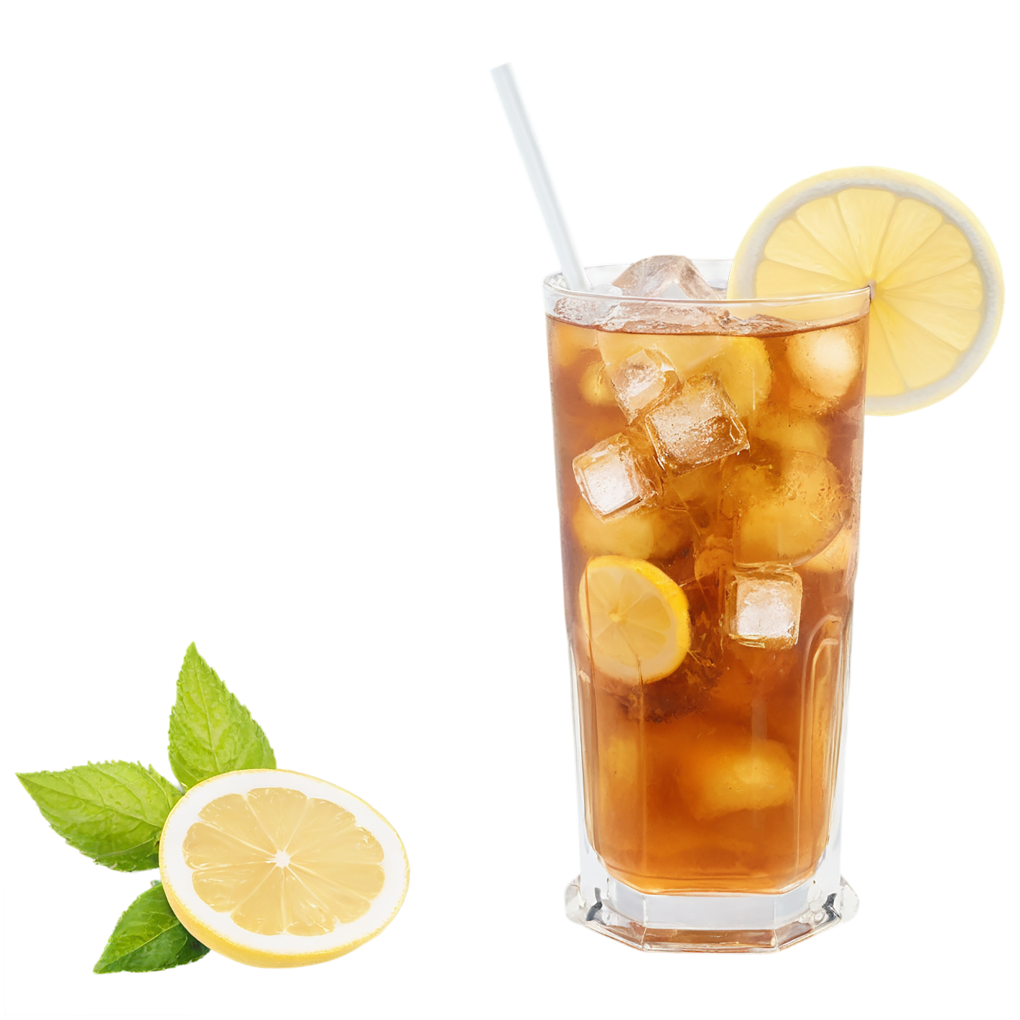 Glass of Iced tea beverage with ice cube and lime isolated on transparent background #2224