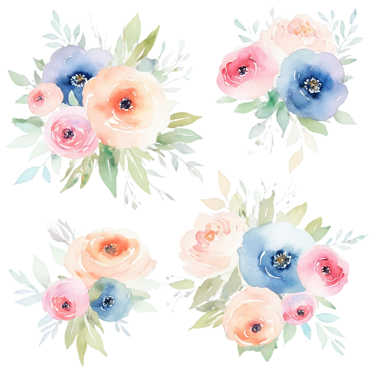 Watercolor flower bouquets isolated on transparent background #23267