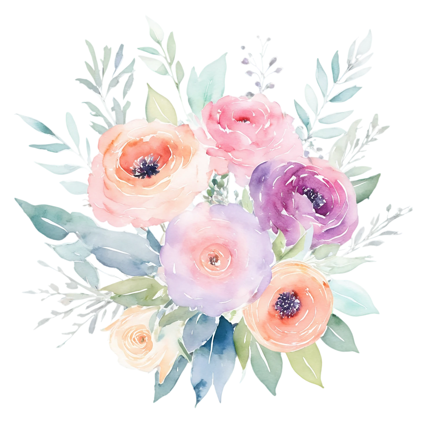 Watercolor flower bouquets isolated on transparent background #23274