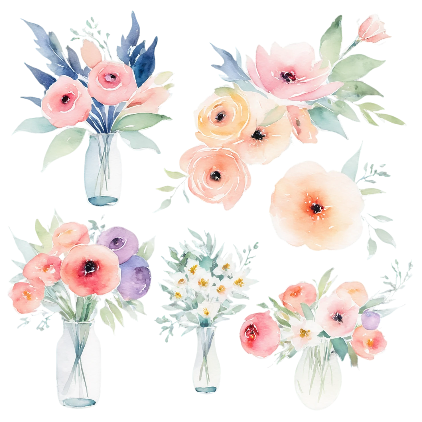Watercolor flower bouquets isolated on transparent background #23288