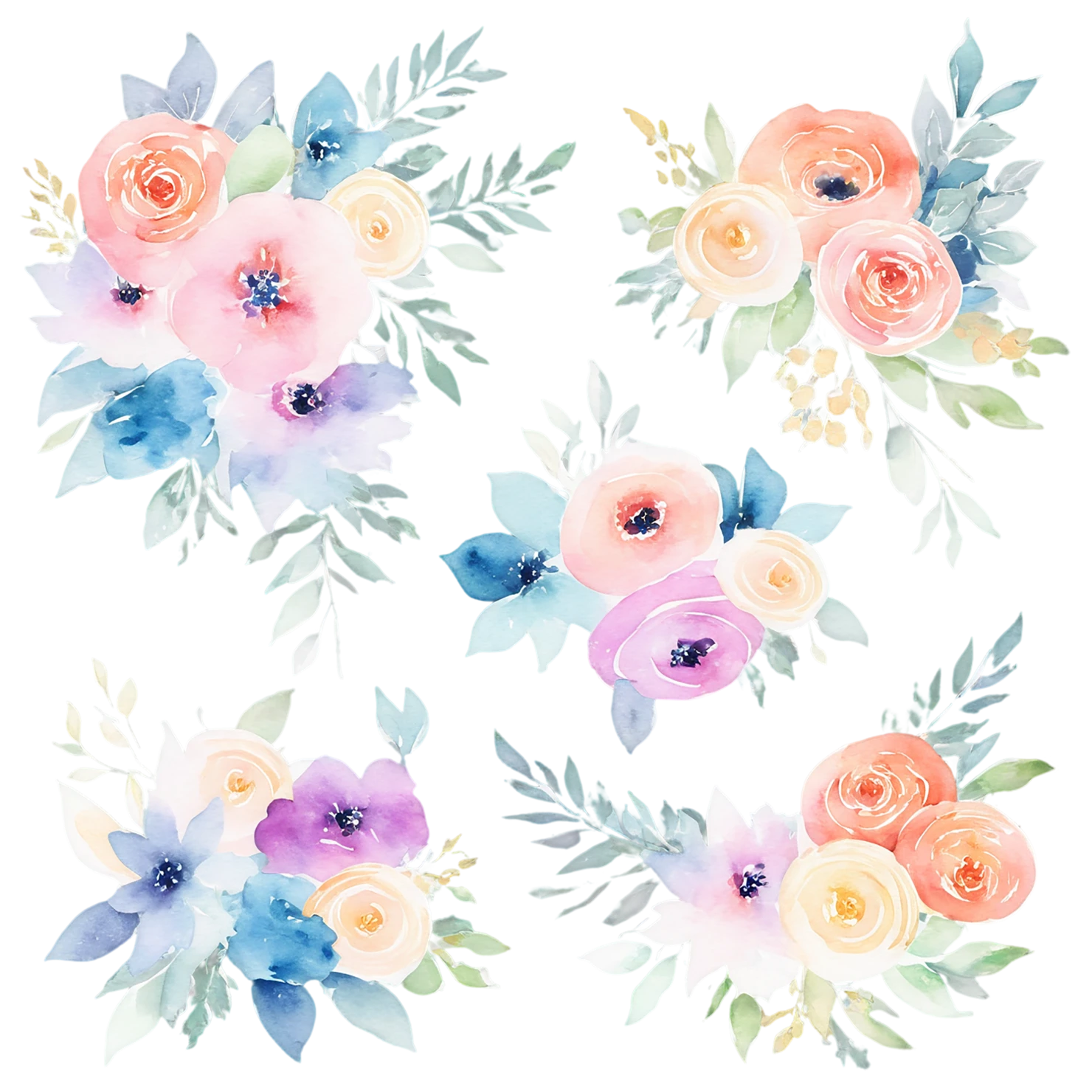 Watercolor flower bouquets isolated on transparent background #23291