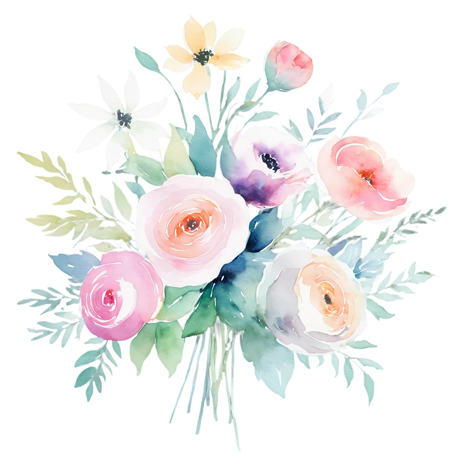 Watercolor flower bouquets isolated on transparent background #23301
