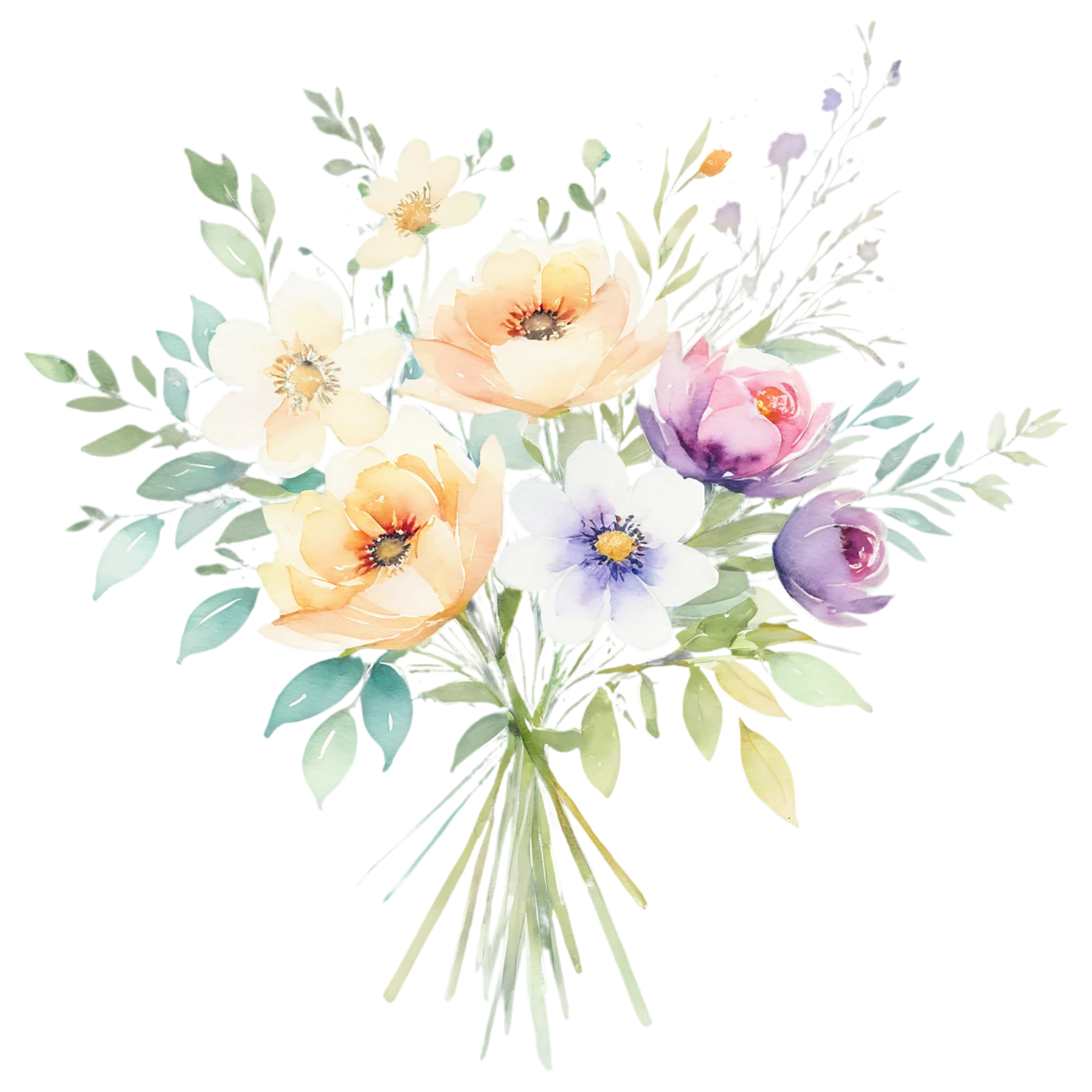 Watercolor flower bouquets isolated on transparent background #23342