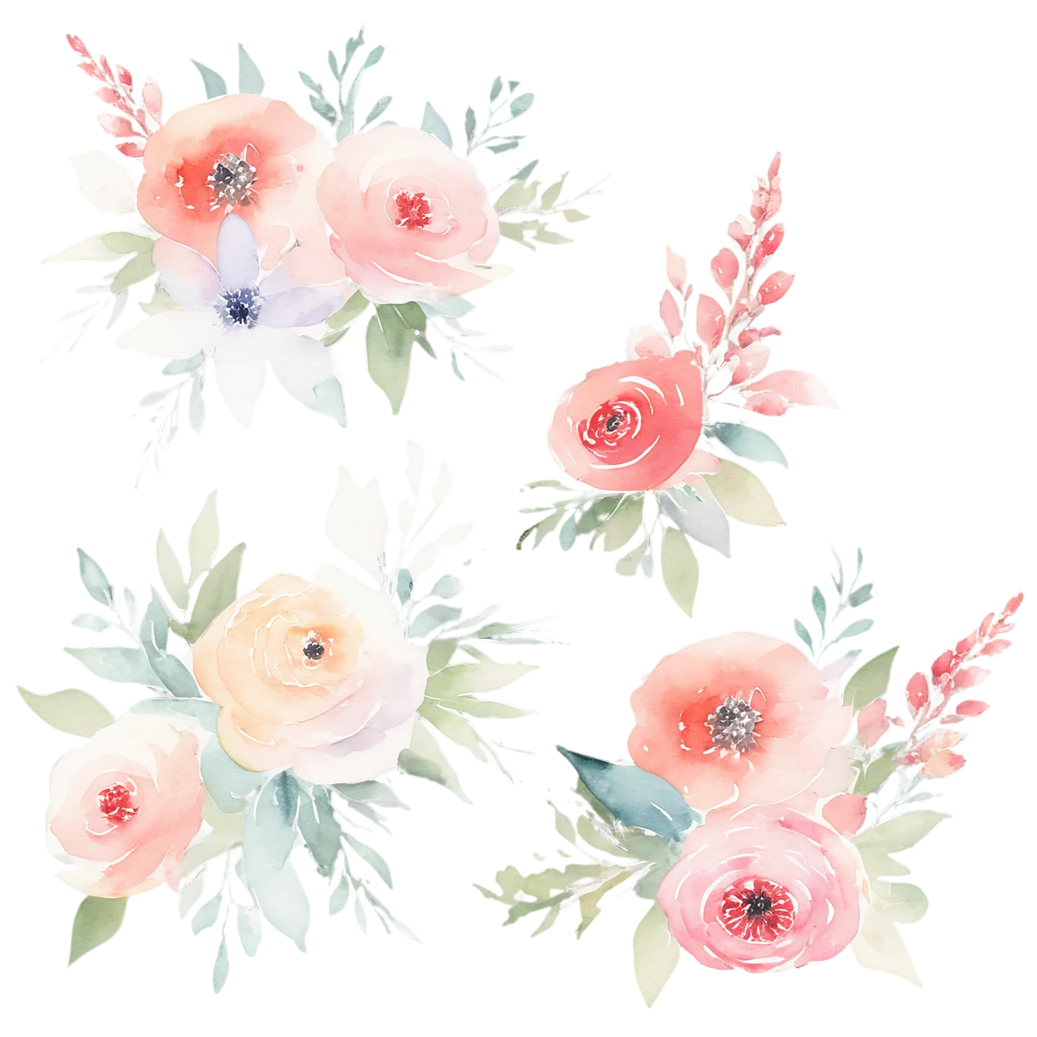 Watercolor flower bouquets isolated on transparent background #23347