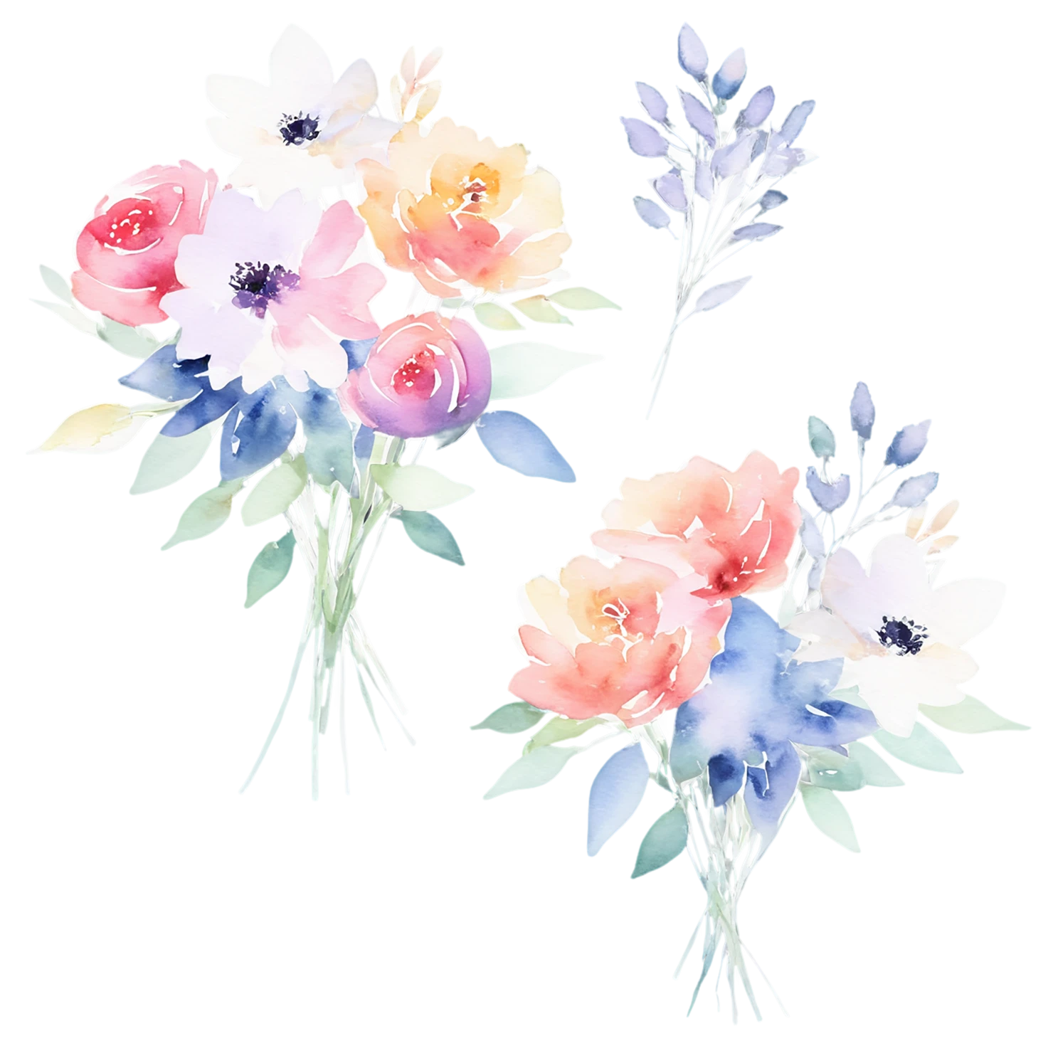 Watercolor flower bouquets isolated on transparent background #23371