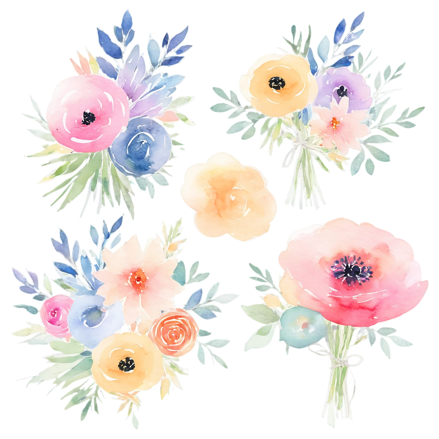 Watercolor flower bouquets isolated on transparent background #23392