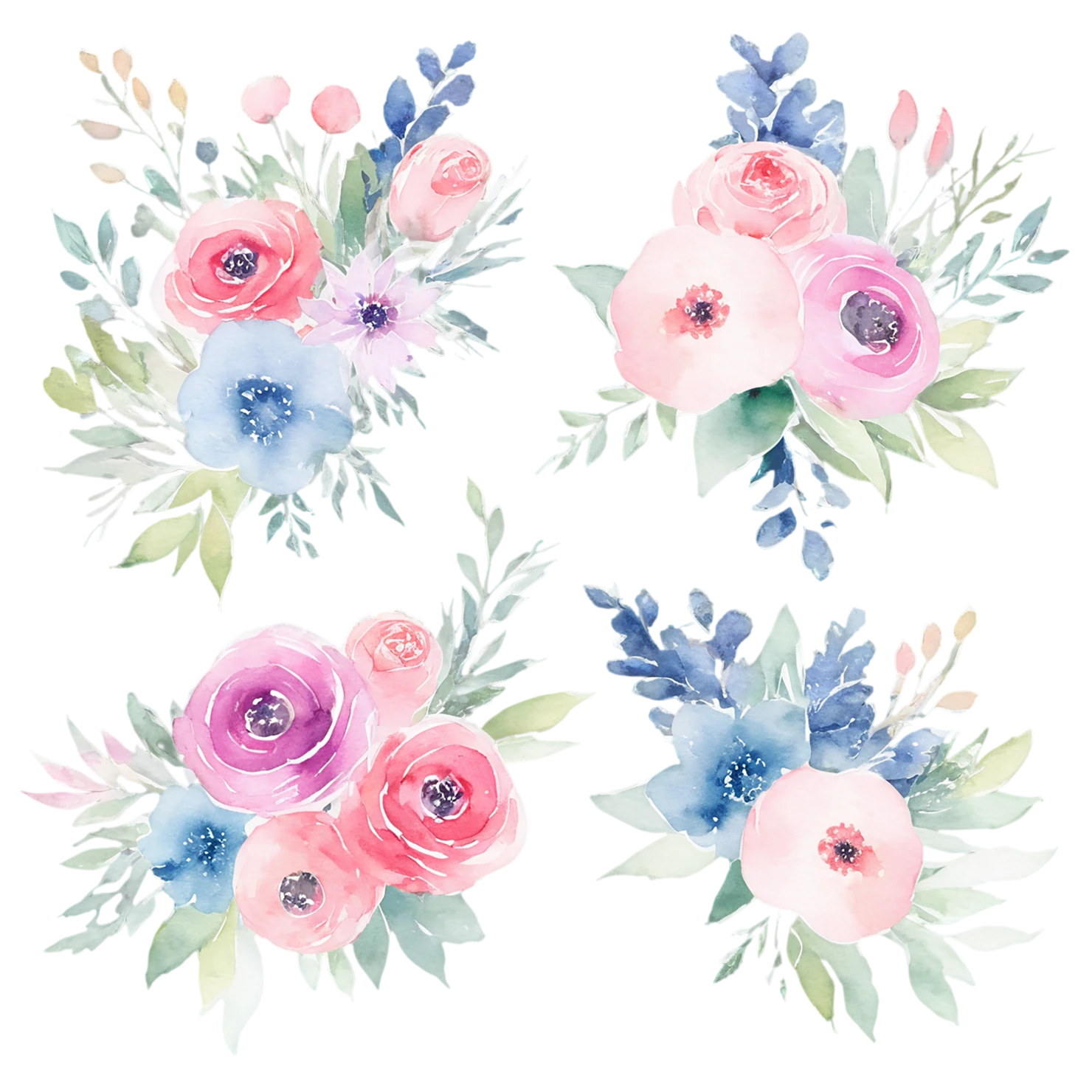 Watercolor flower bouquets isolated on transparent background #23394