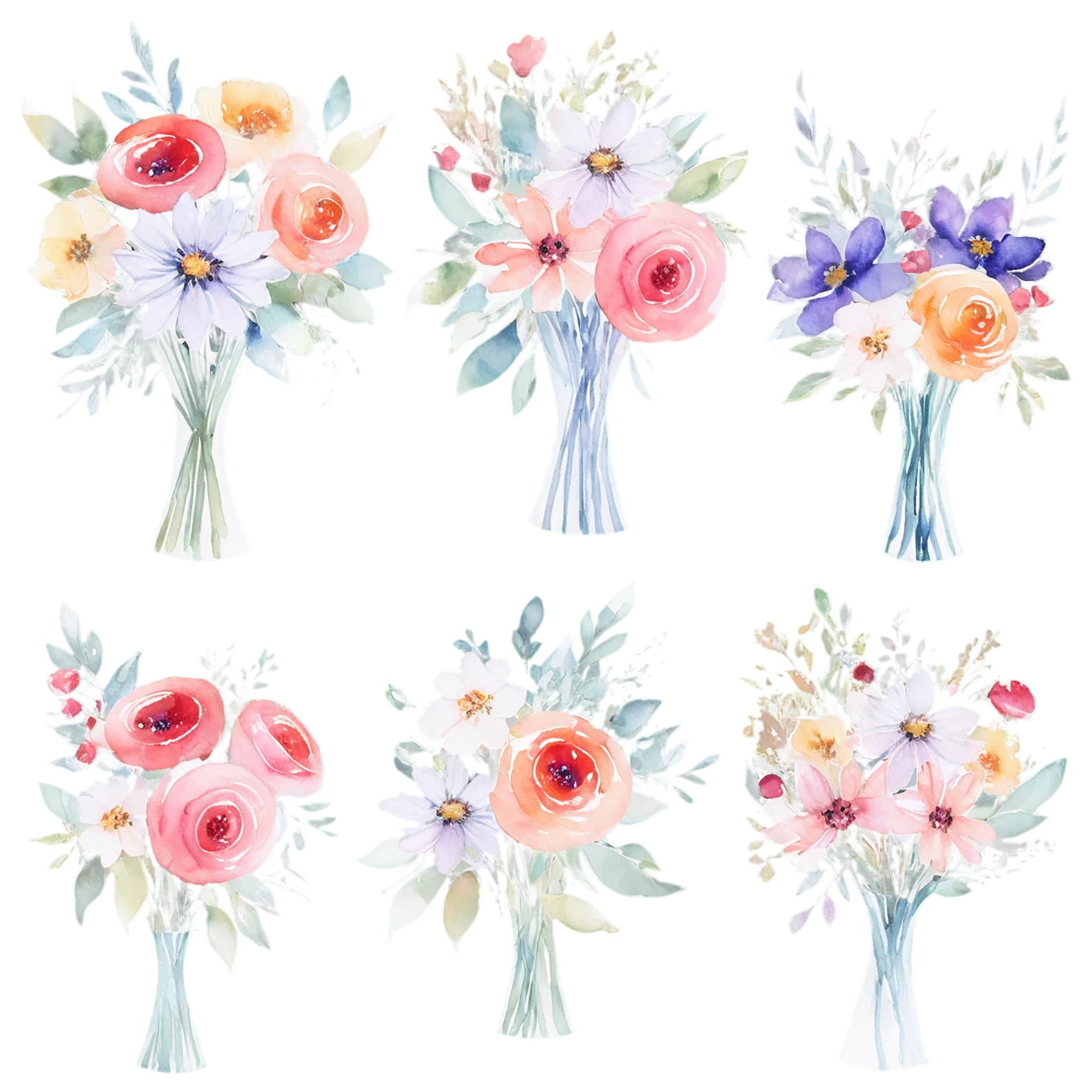 Watercolor flower bouquets isolated on transparent background #23397
