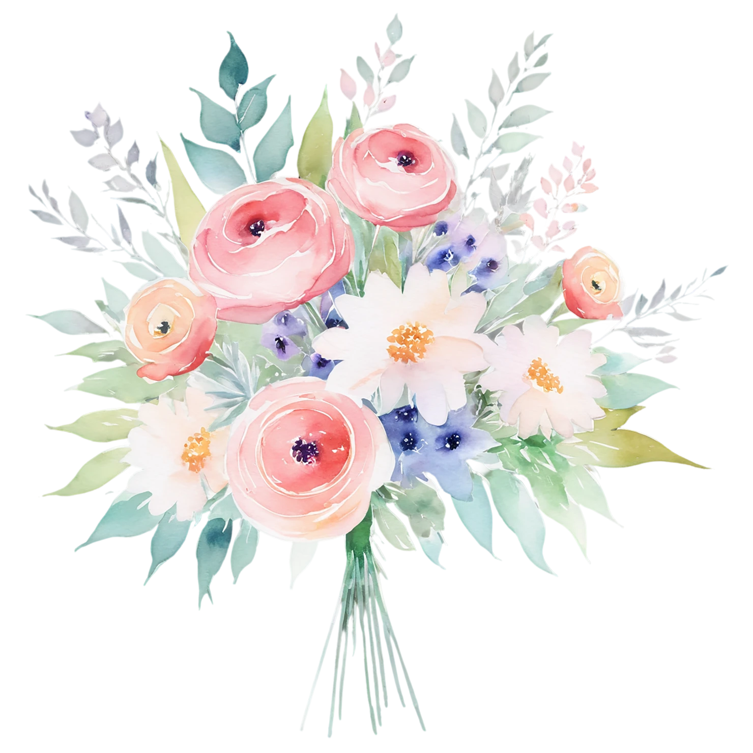 Watercolor flower bouquets isolated on transparent background #23432