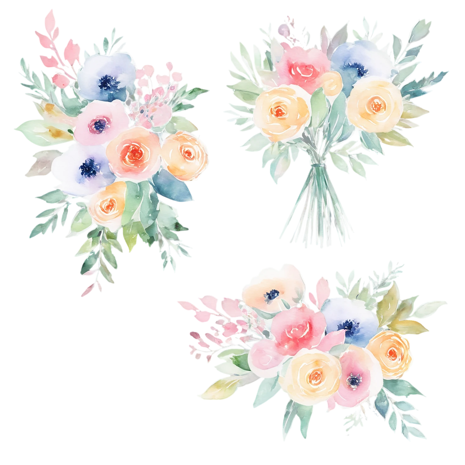Watercolor flower bouquets isolated on transparent background #23440