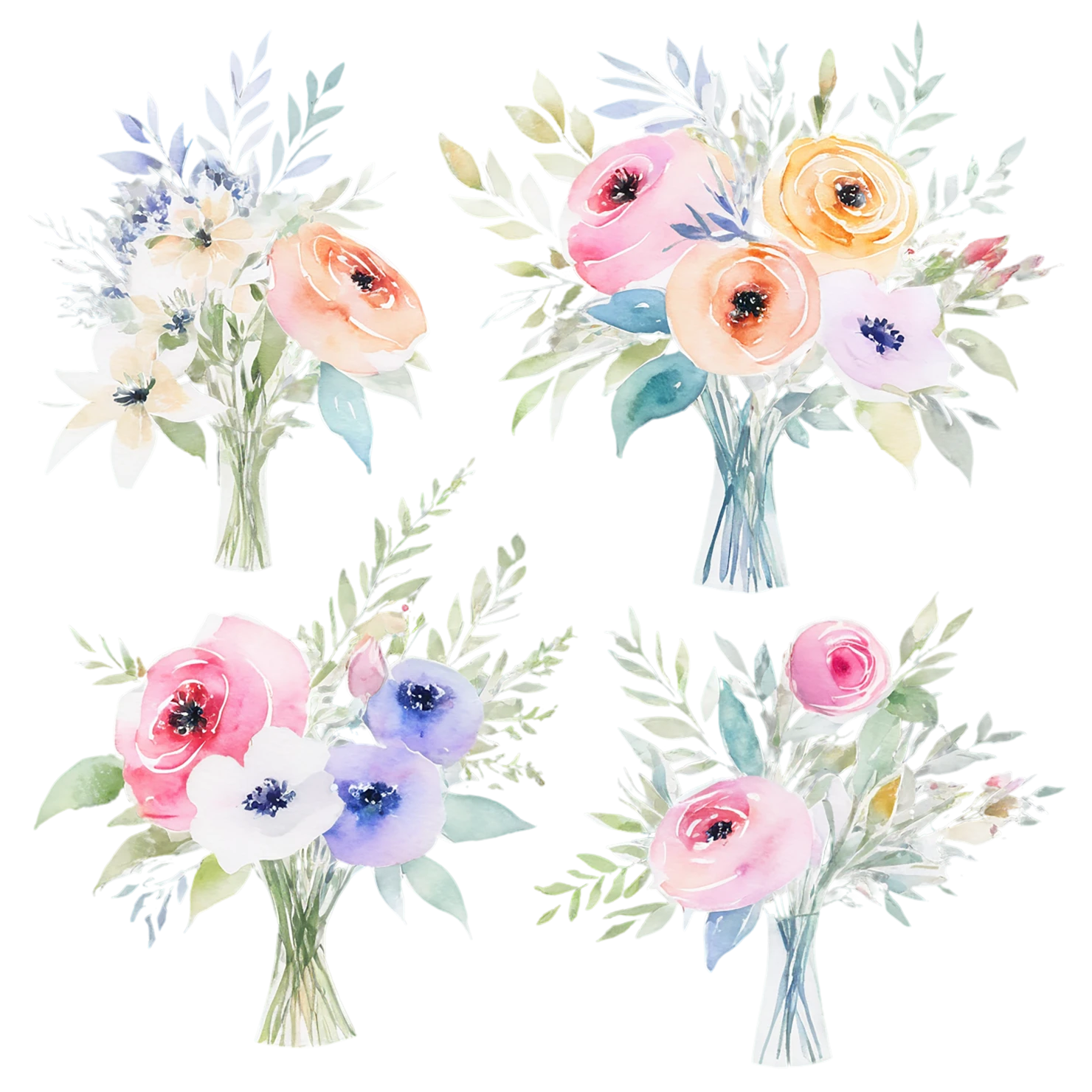 Watercolor flower bouquets isolated on transparent background #23457