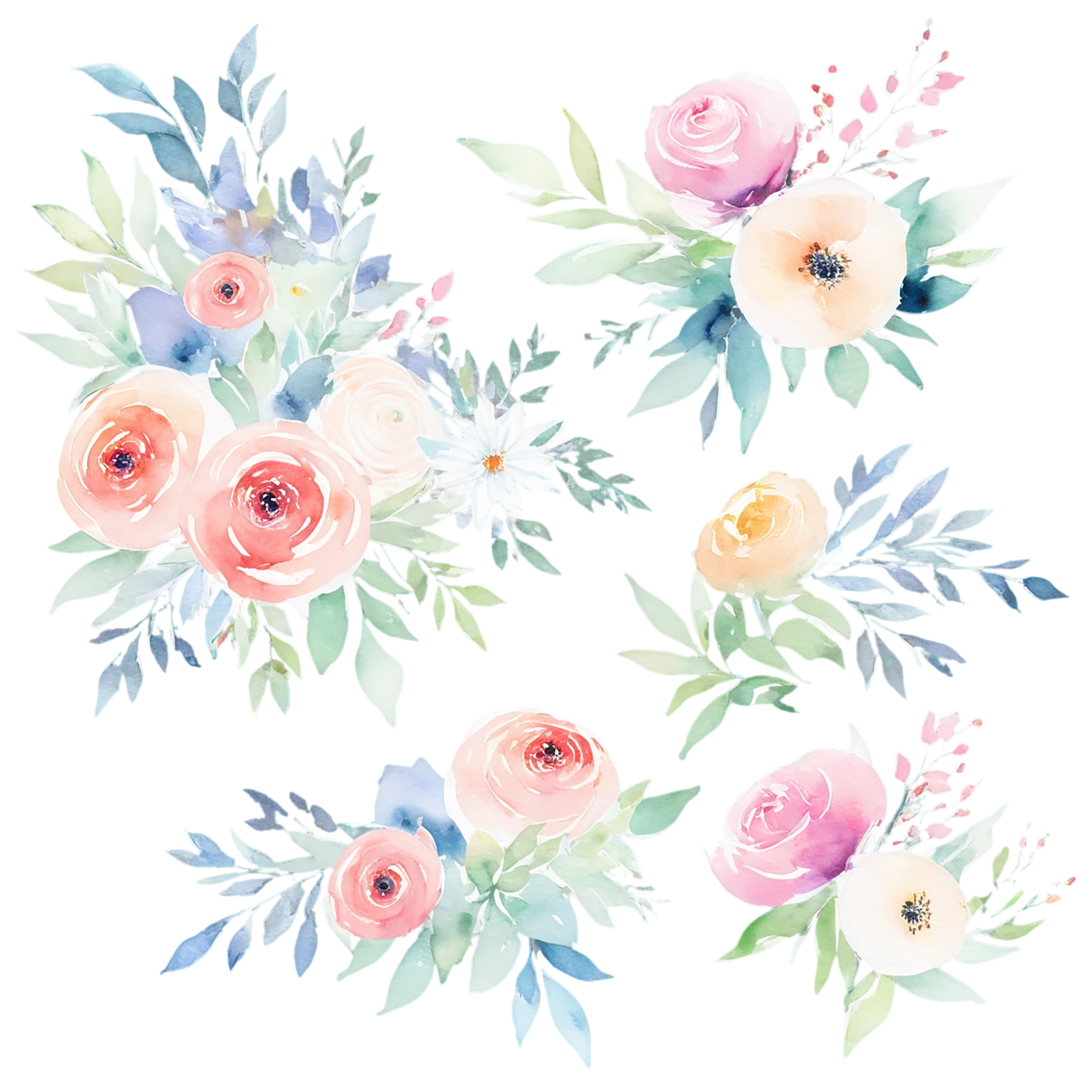 Watercolor flower bouquets isolated on transparent background #23462