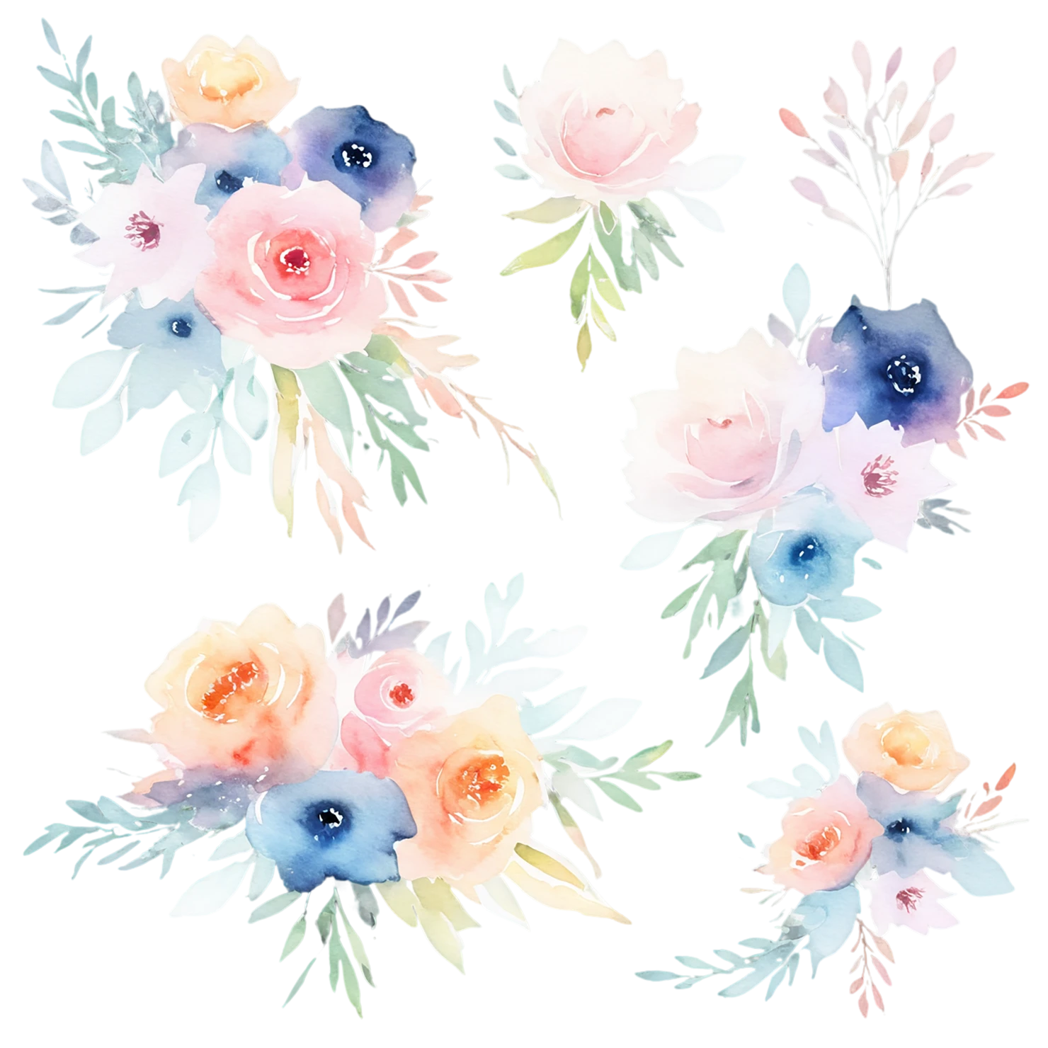 Watercolor flower bouquets isolated on transparent background #23545