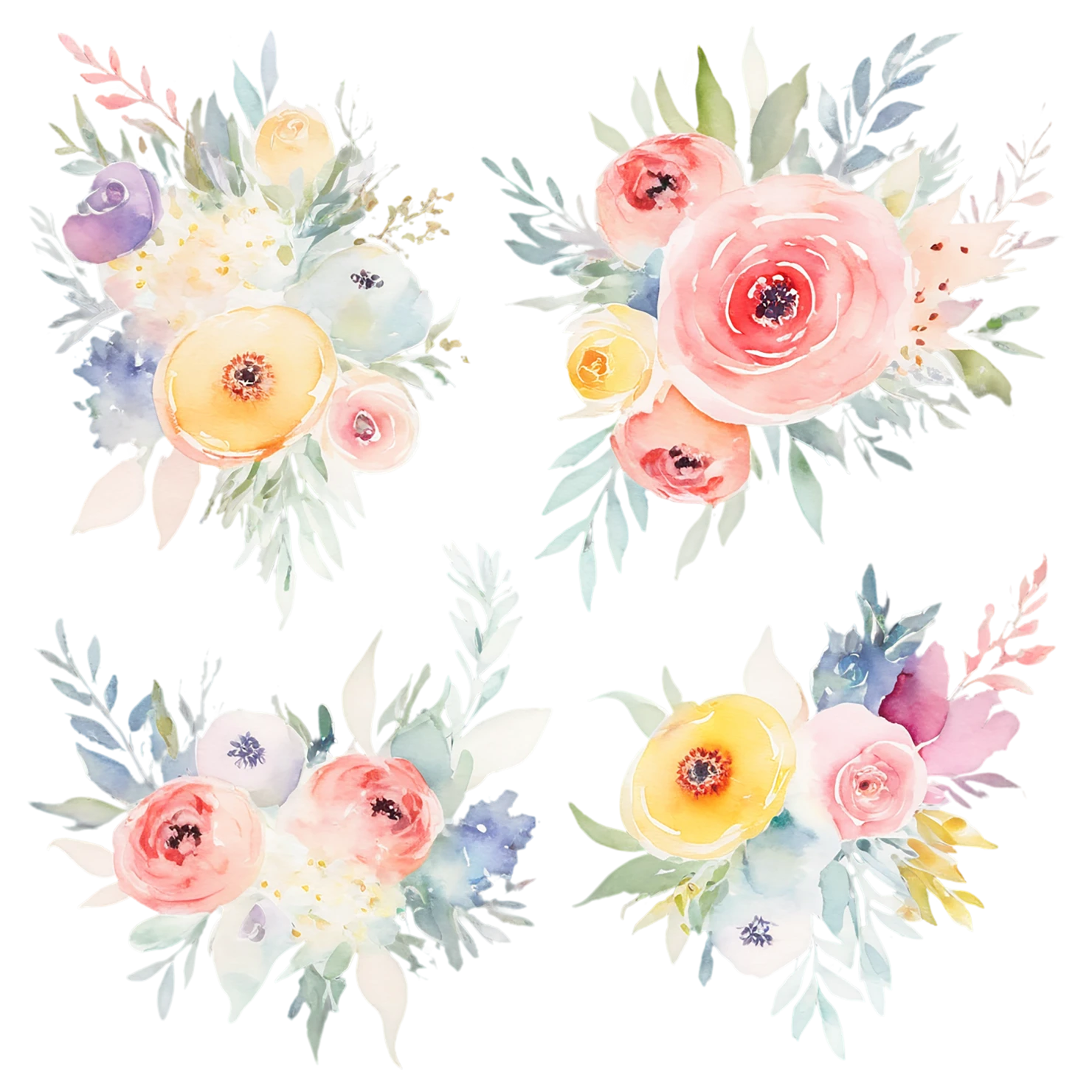 Watercolor flower bouquets isolated on transparent background #23631