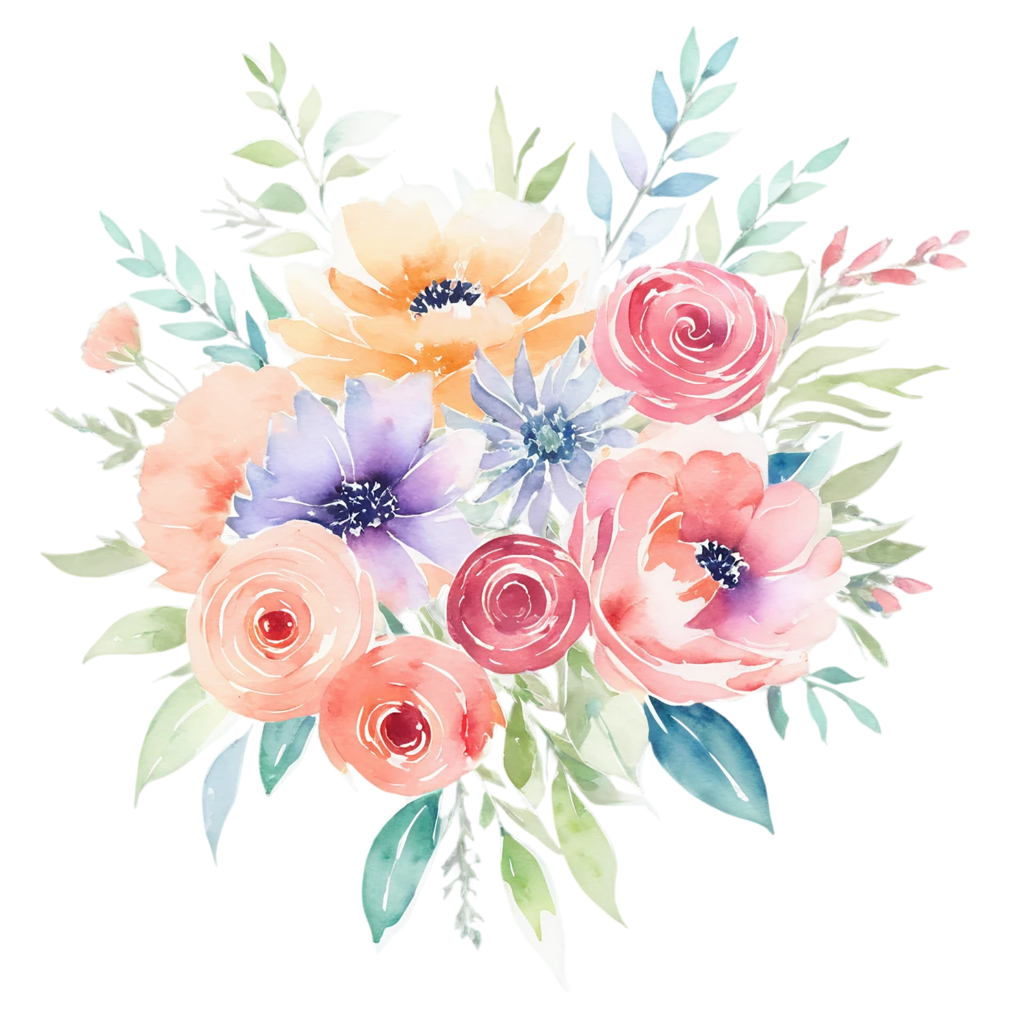 Watercolor flower bouquets isolated on transparent background #23650
