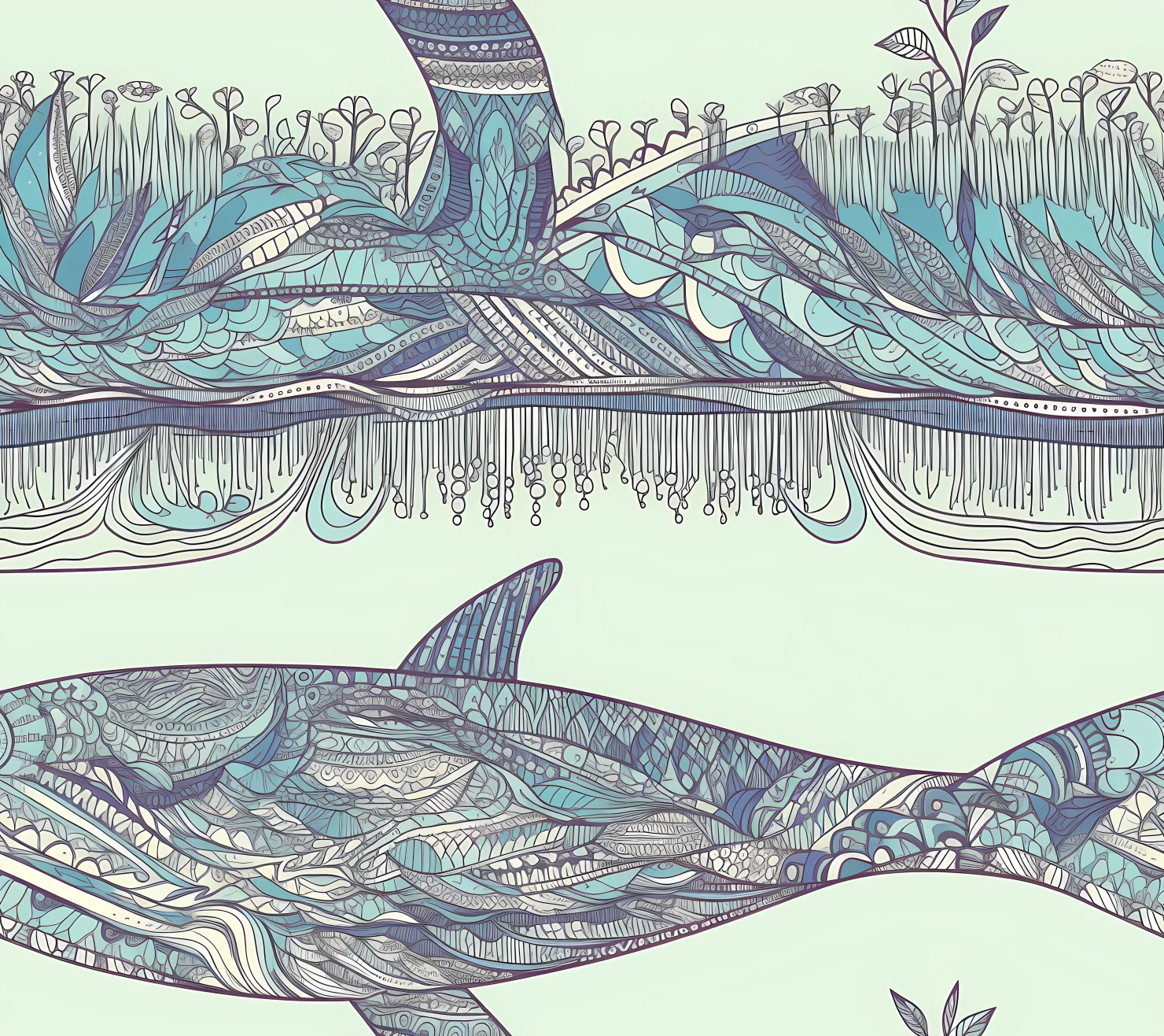 Blue whale boho seamless pattern on a light color background #29277