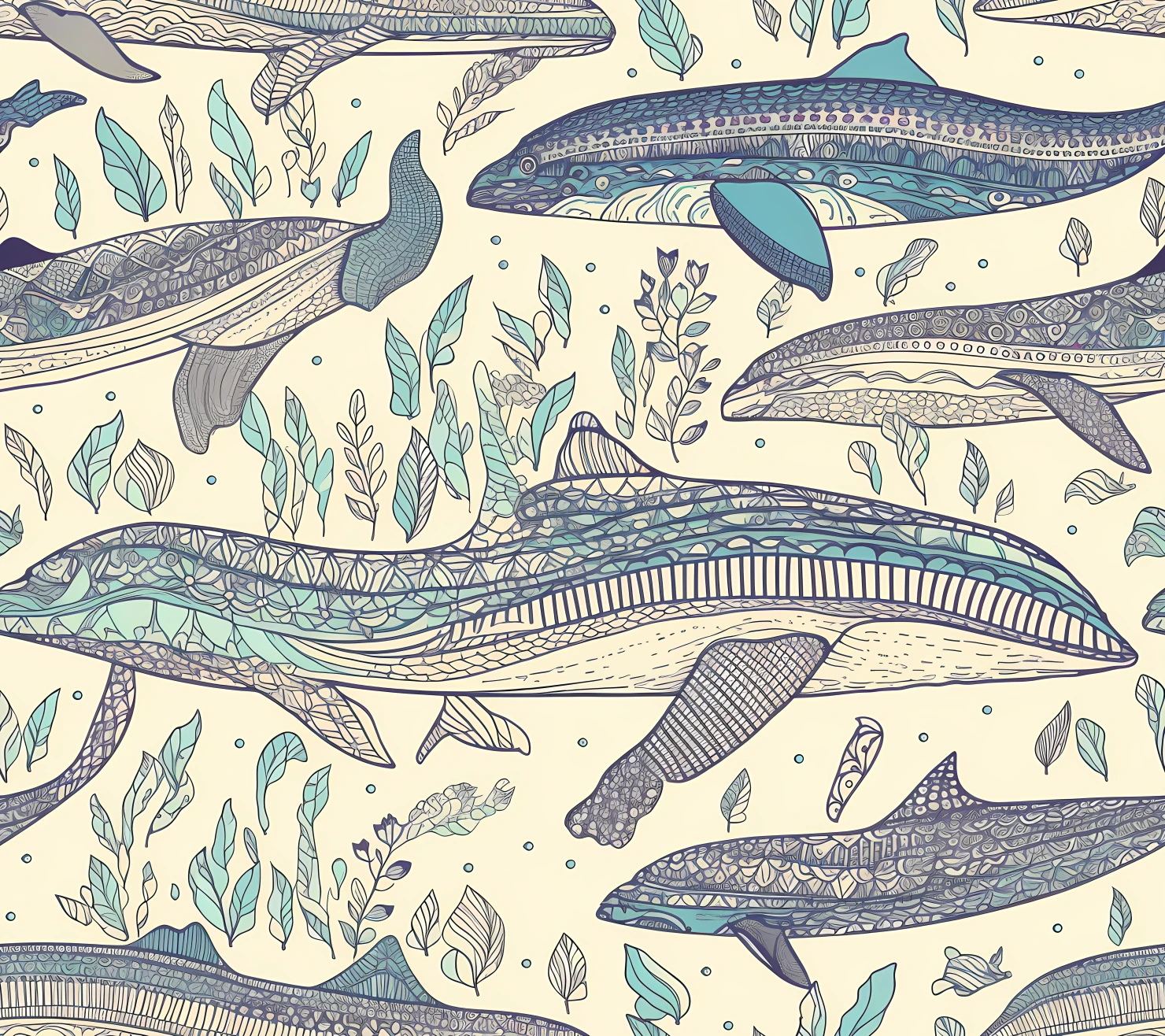 Blue whale boho seamless pattern on a light color background #29278