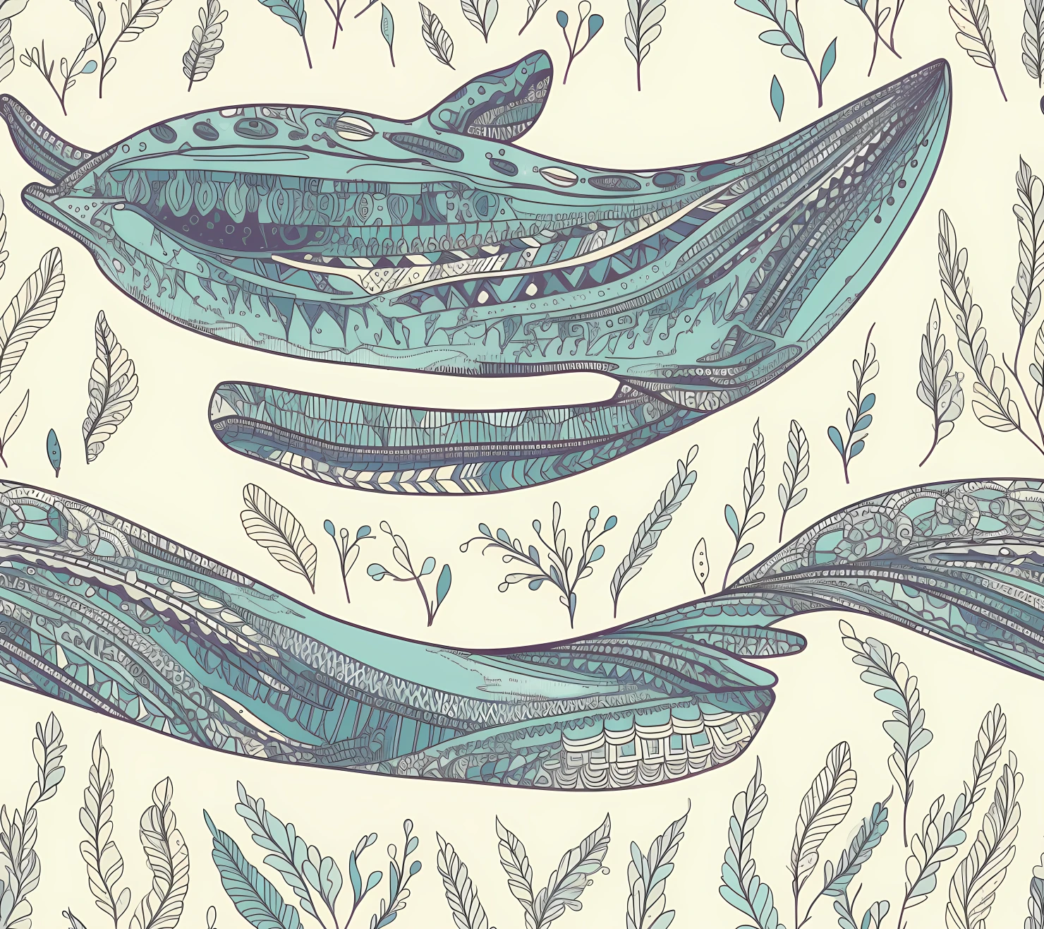 Blue whale boho seamless pattern on a light color background #29279