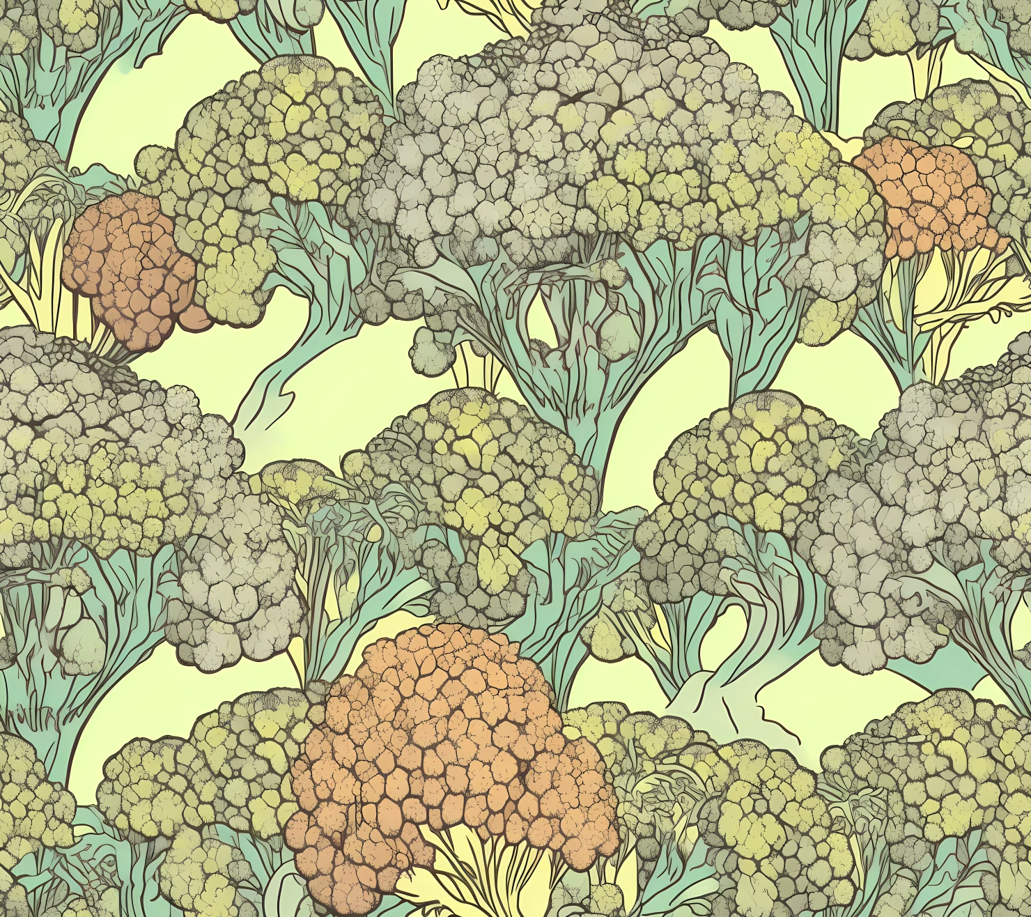 Broccoli vegetable boho seamless pattern on a light color background #29346