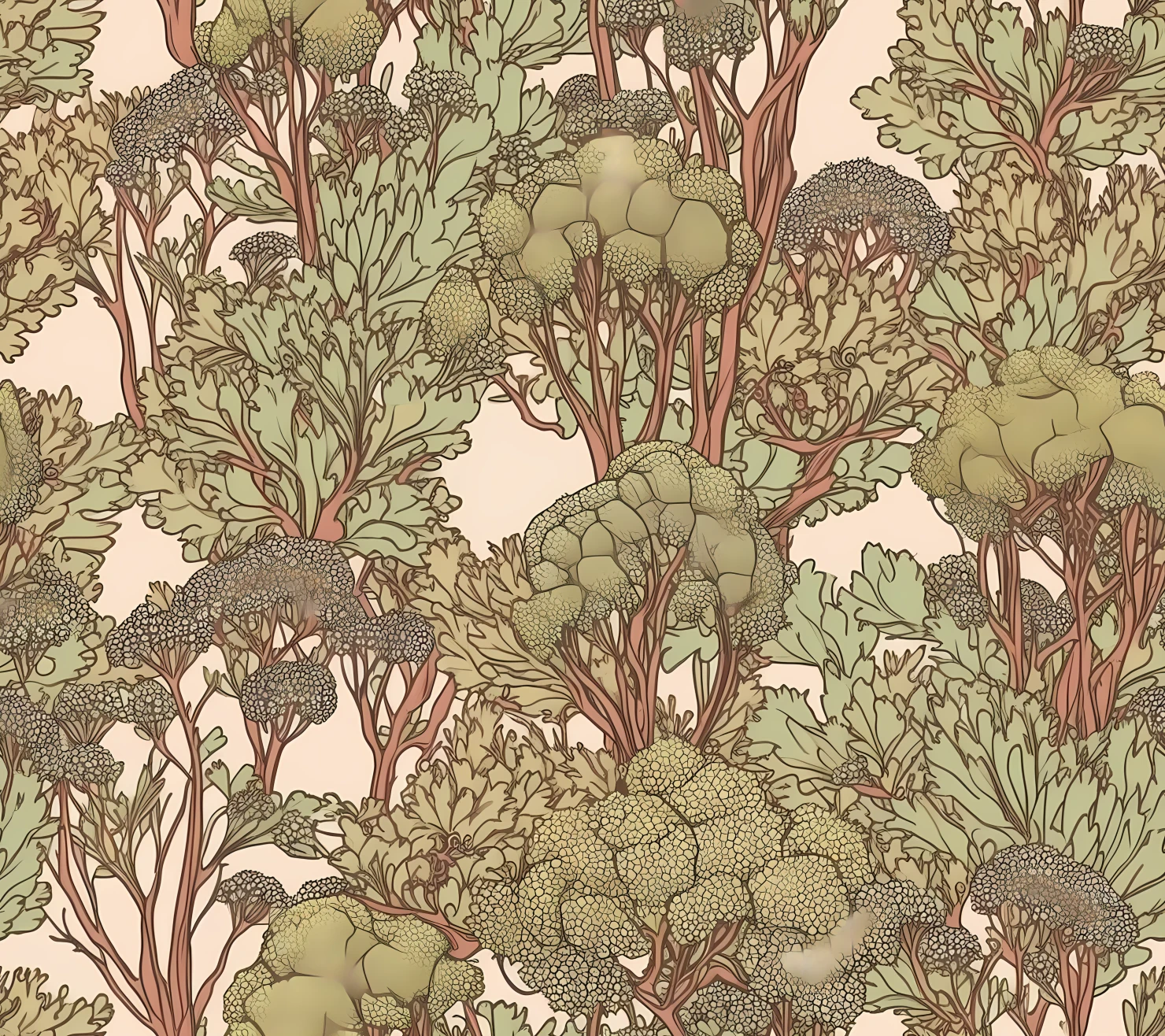 Broccoli vegetable boho seamless pattern on a light color background #29347