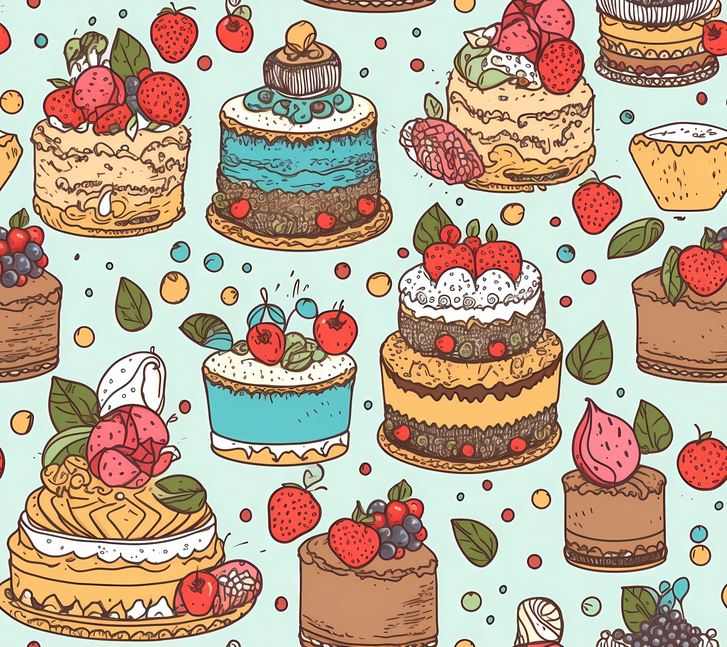 Cakes and dots boho seamless pattern on a light color background #29403