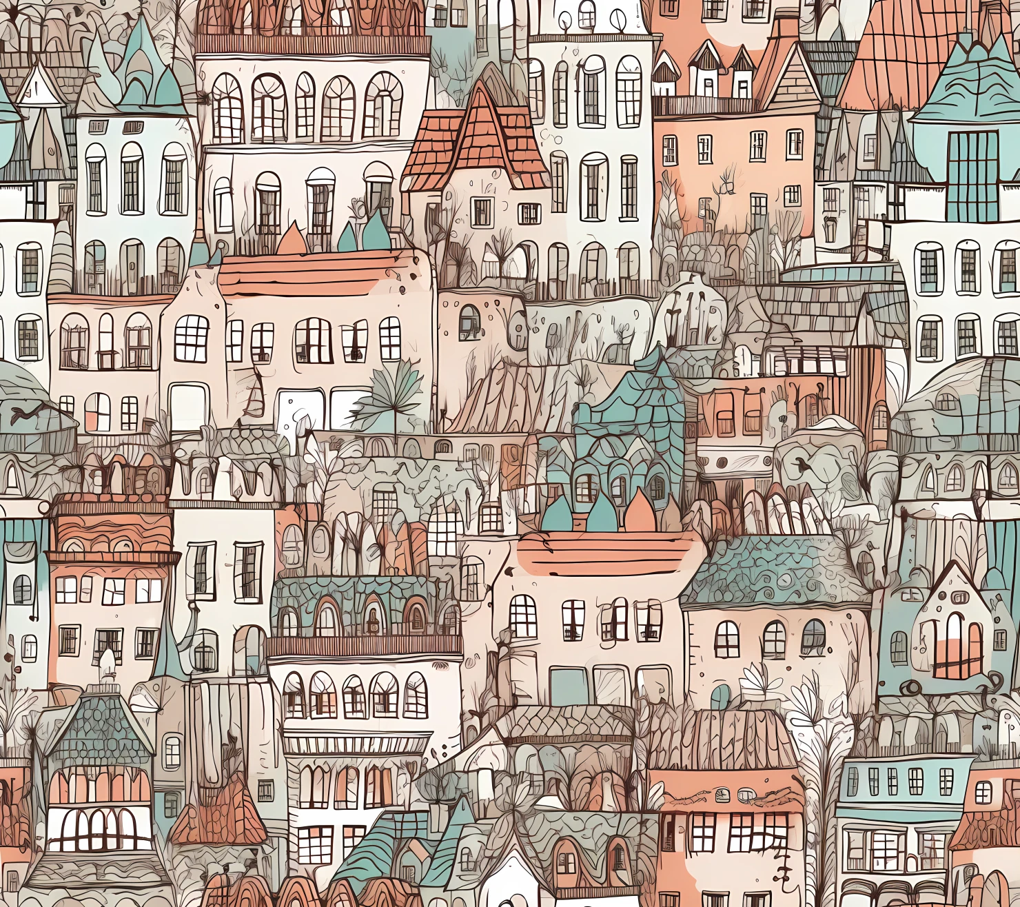 City building boho seamless pattern on a light color background #29475
