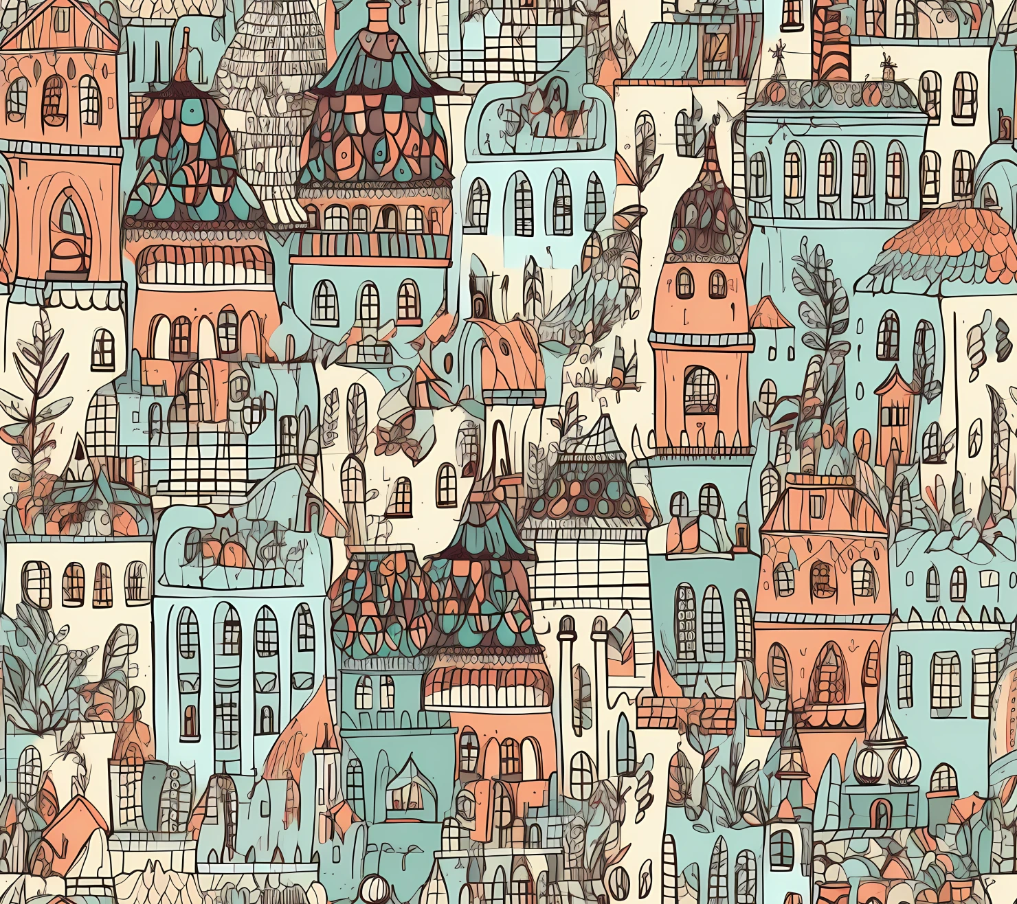 City building boho seamless pattern on a light color background #29478