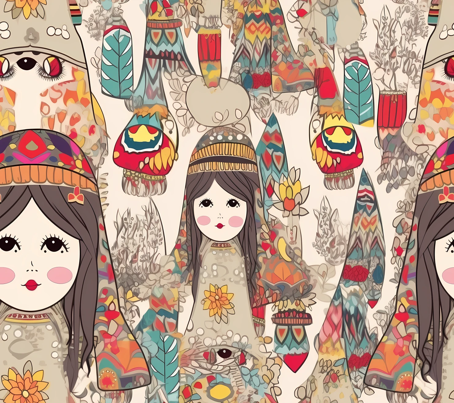 Cute doll boho seamless pattern on a light color background #29559