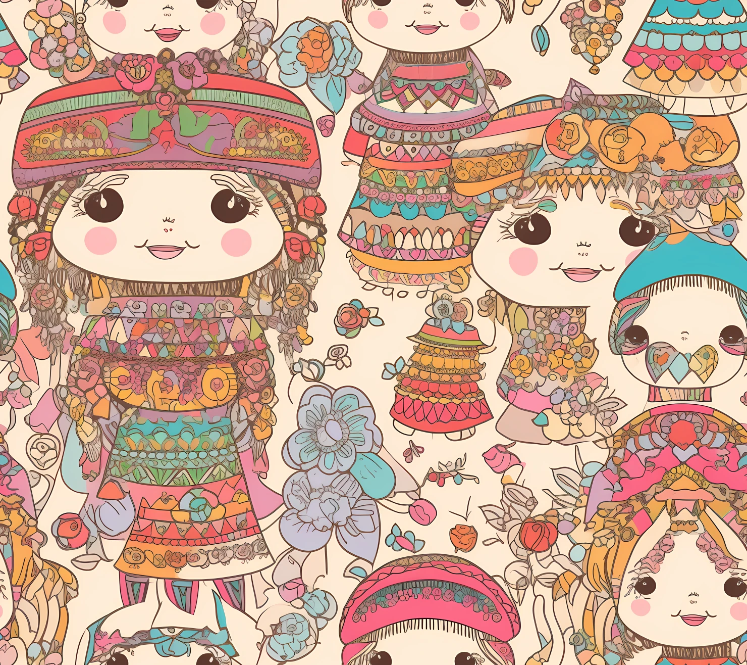 Cute doll boho seamless pattern on a light color background #29562