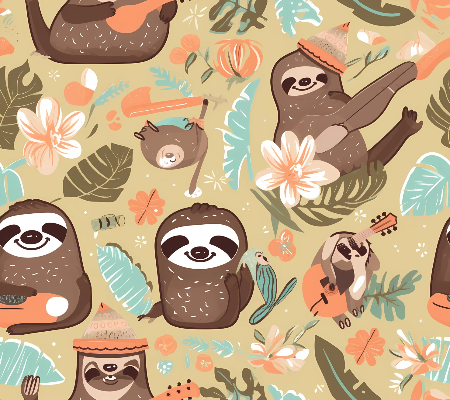 Cute sloths seamless pattern on a light color background #29571