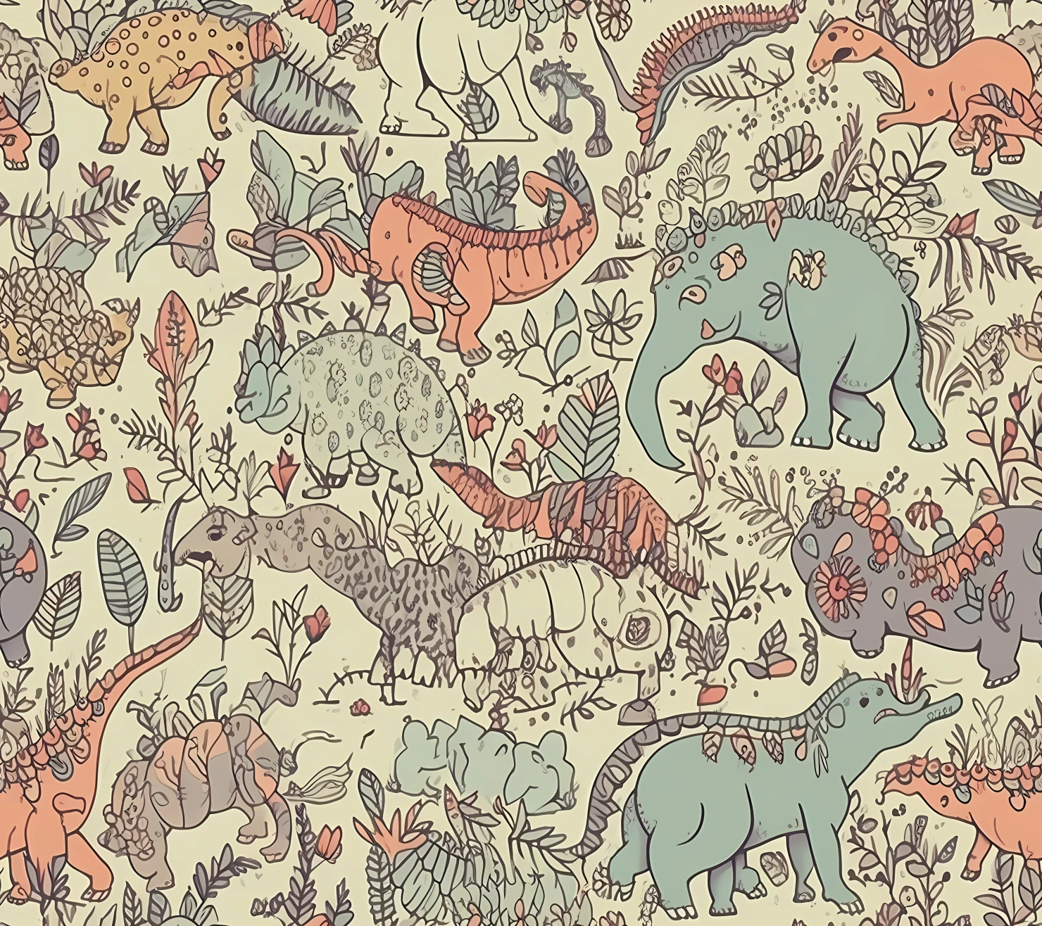 Dinosaurs boho seamless pattern on a light color background #29586