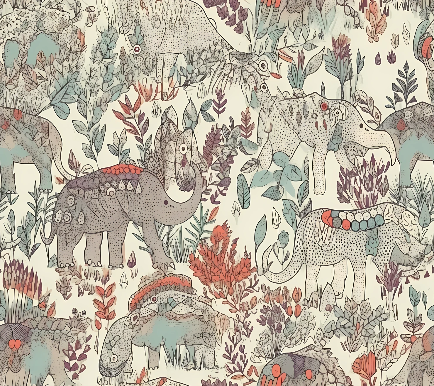 Dinosaurs boho seamless pattern on a light color background #29587