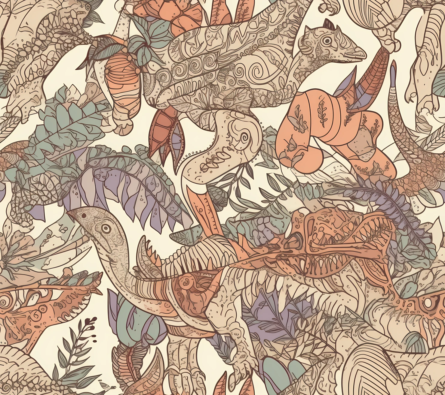 Dinosaurs boho seamless pattern on a light color background #29588