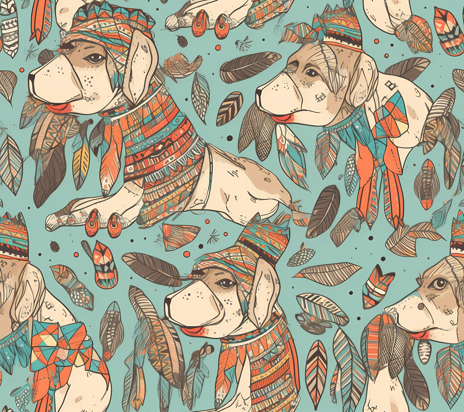Dog boho seamless pattern on a light color background #29594