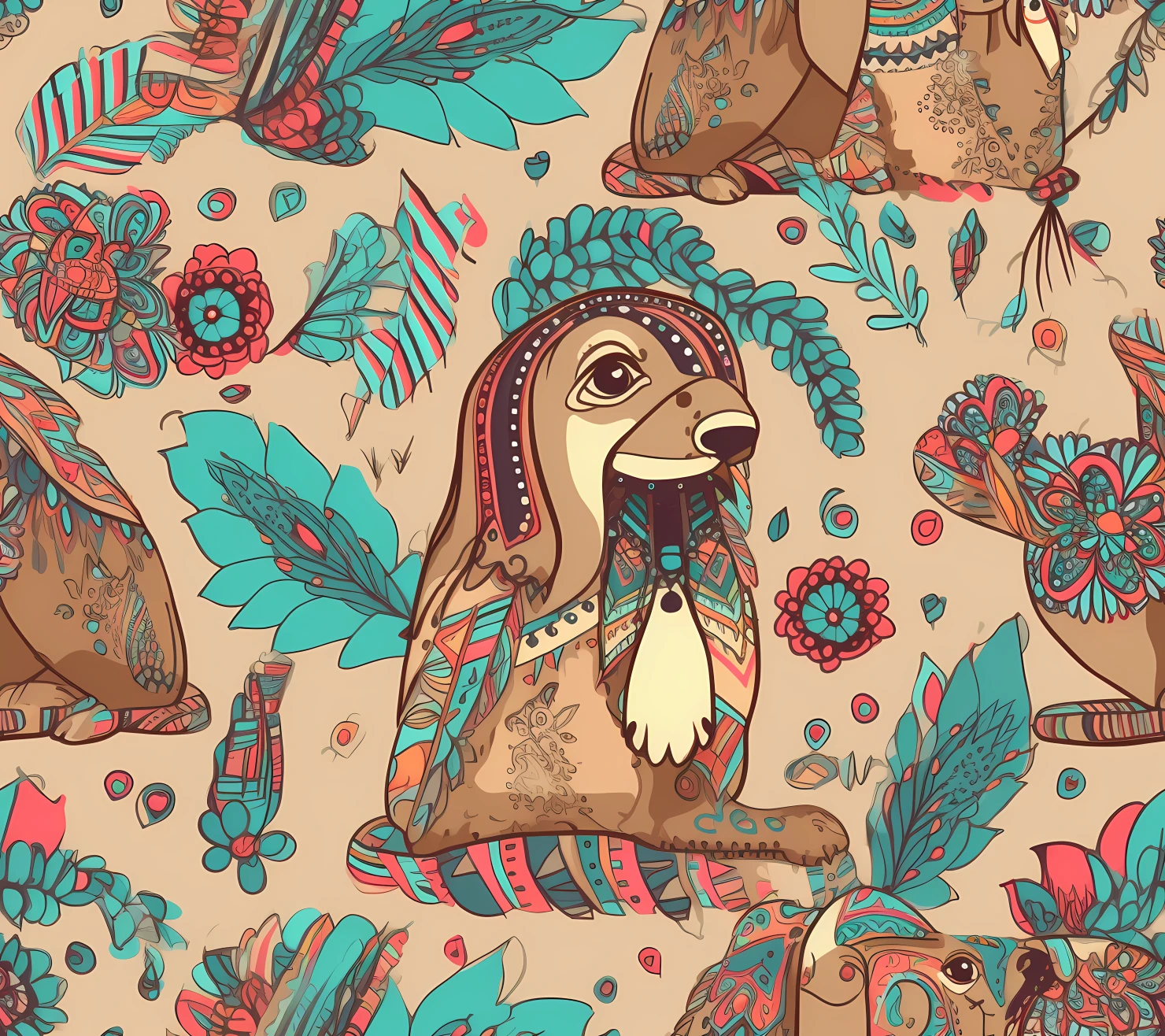 Dog boho seamless pattern on a light color background #29596