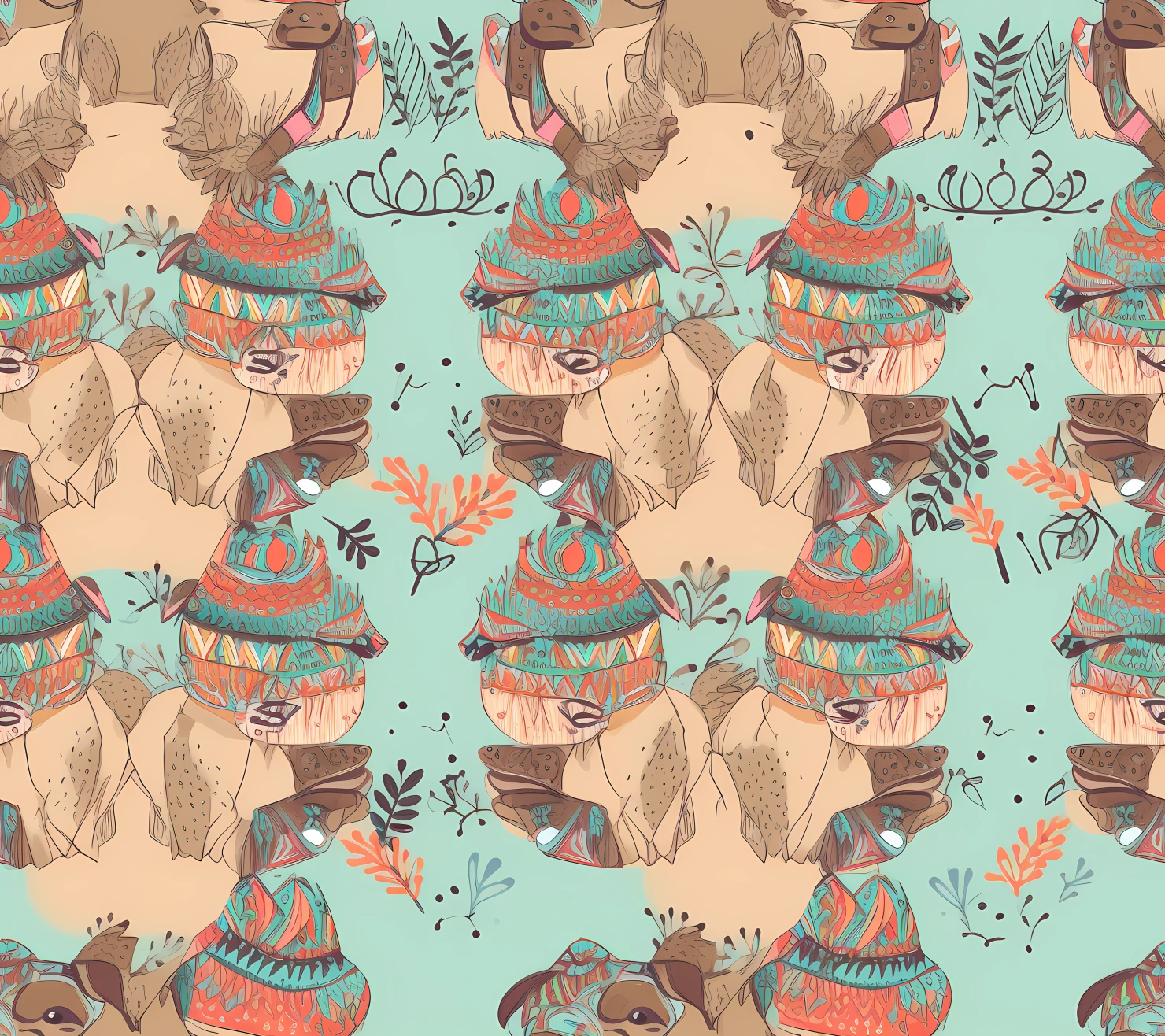 Dog boho seamless pattern on a light color background #29599