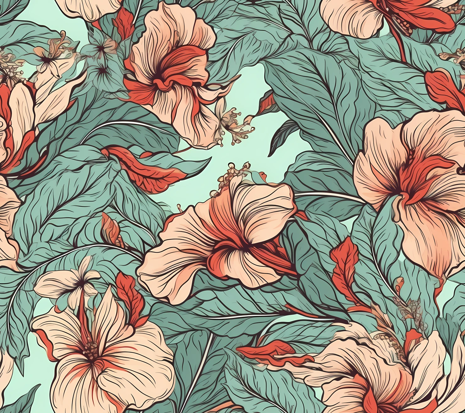 Hibiscus floral boho seamless pattern on a light color background #29782