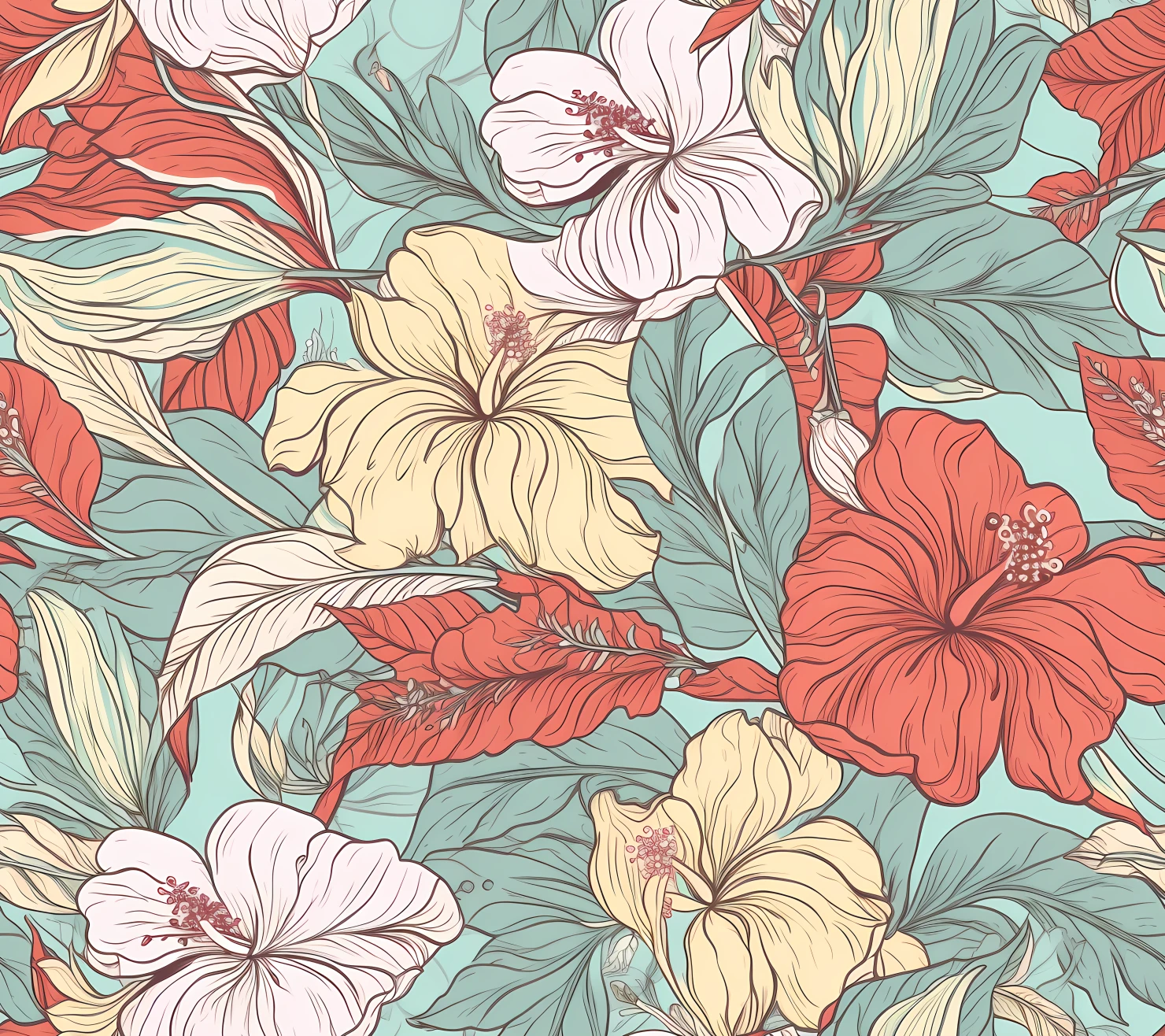 Hibiscus floral boho seamless pattern on a light color background #29783