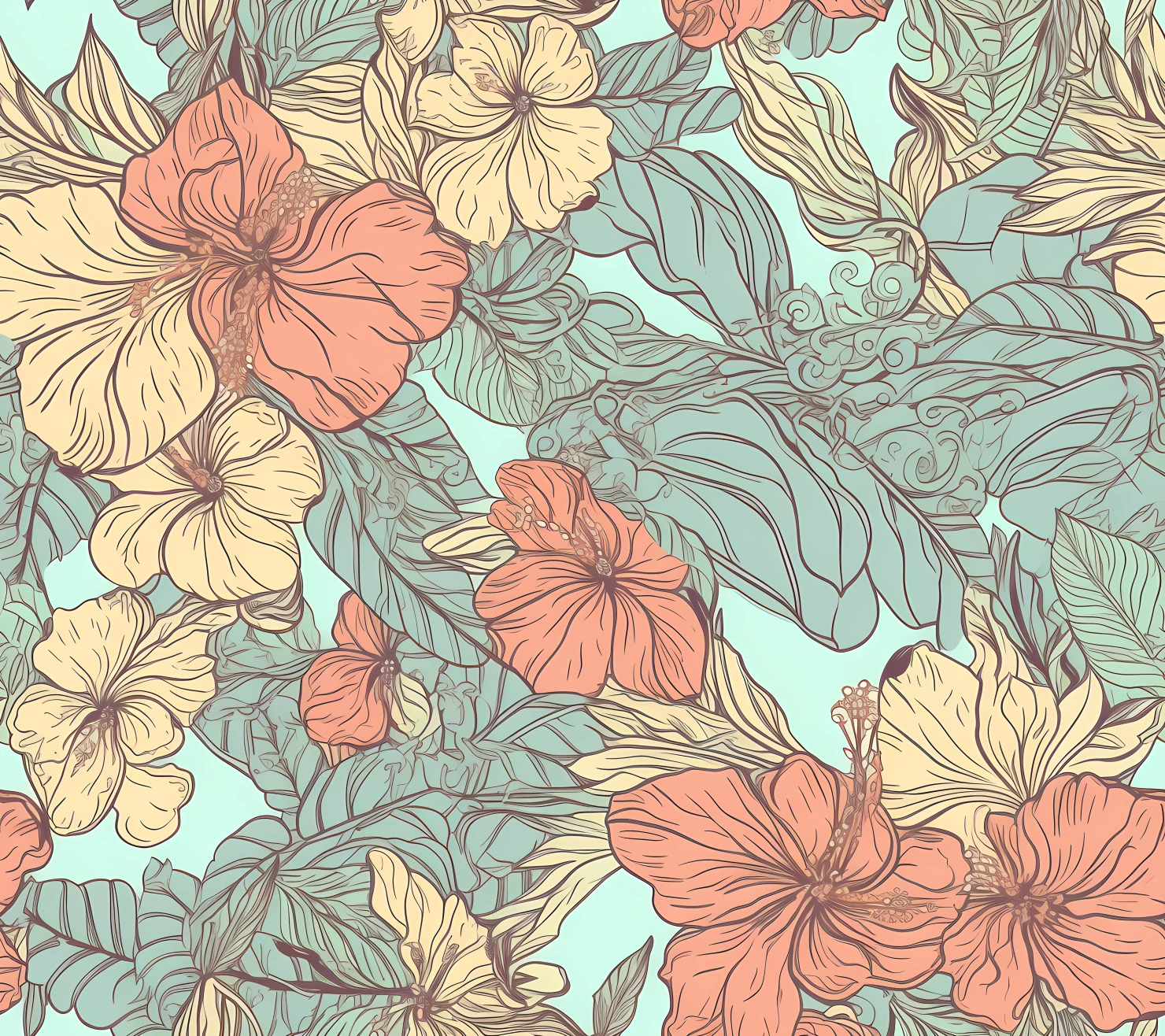 Hibiscus floral boho seamless pattern on a light color background #29784