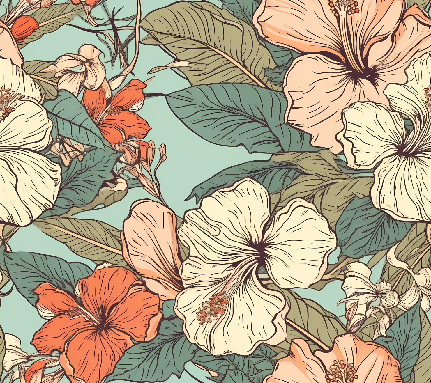Hibiscus floral boho seamless pattern on a light color background #29785