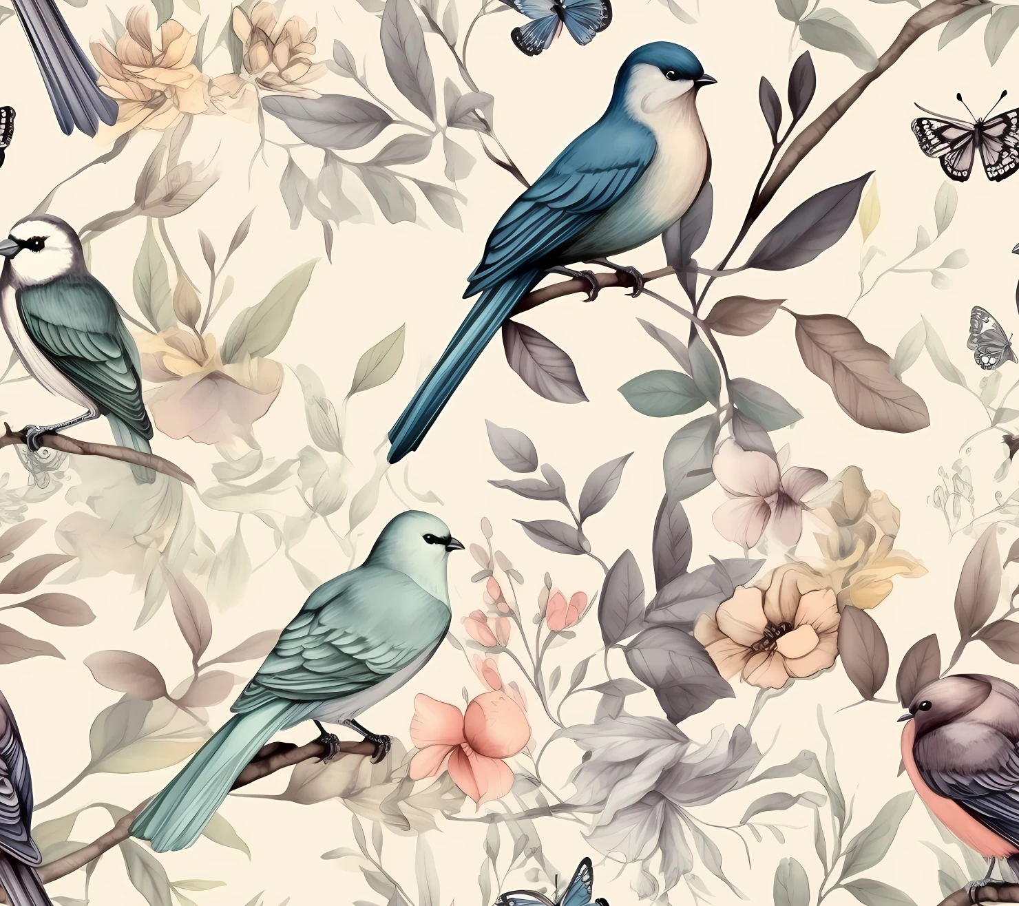Songbirds and Floral, seamless pattern on a light color background #29857