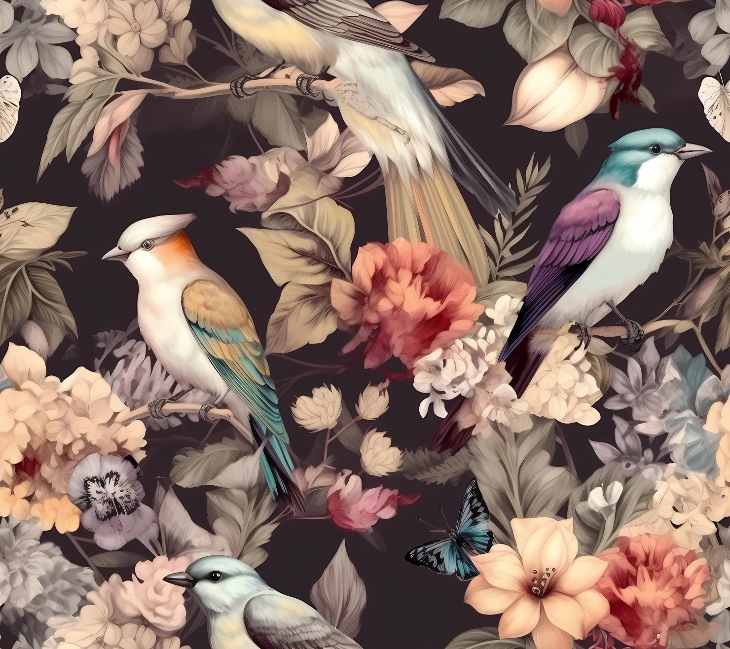 Songbirds and Floral, seamless pattern on a light color background #29859