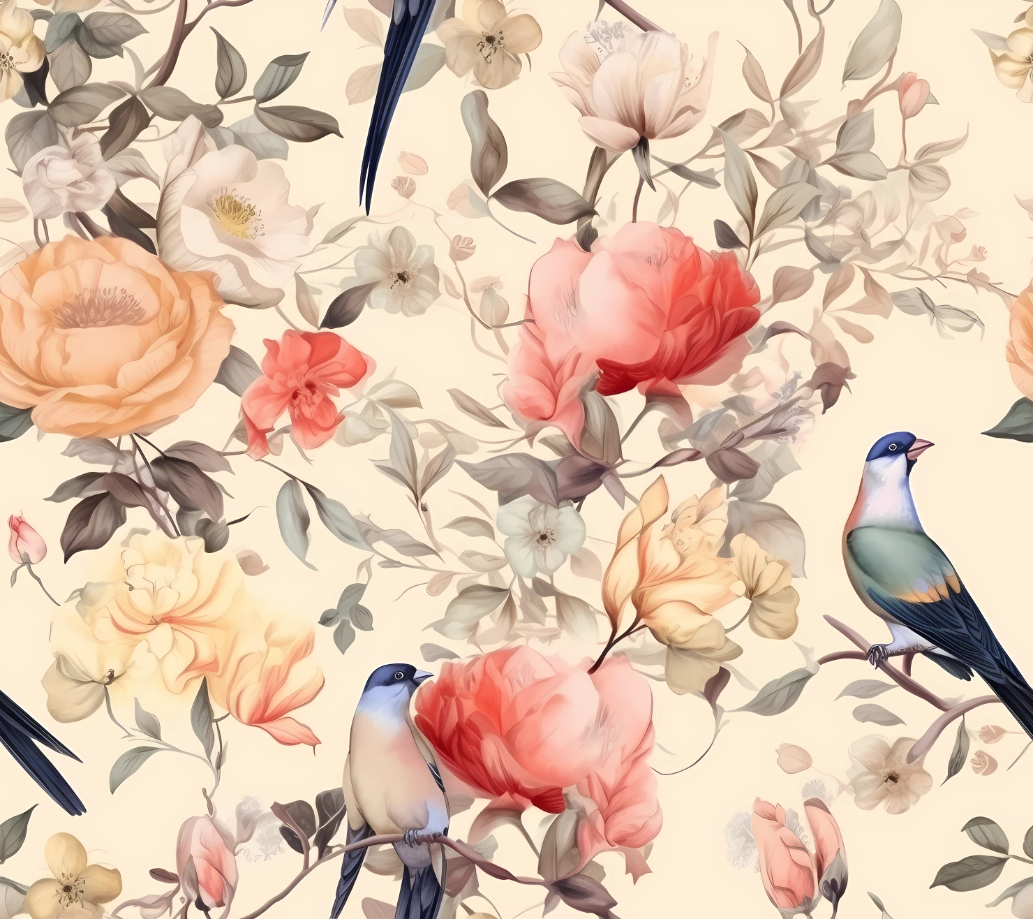 Songbirds and Floral, seamless pattern on a light color background #29860