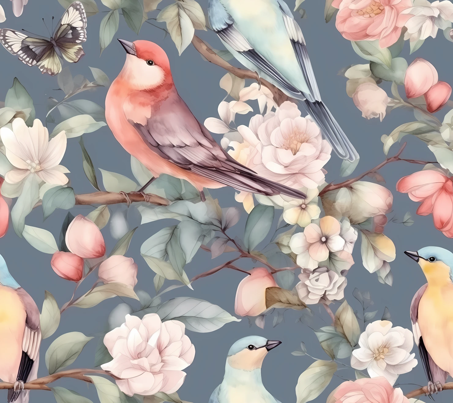 Songbirds and Floral, seamless pattern on a light color background #29862