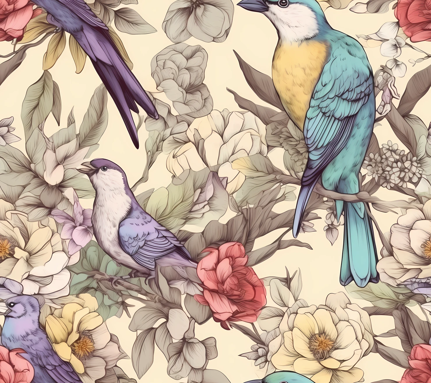 Songbirds and Floral, seamless pattern on a light color background #29863