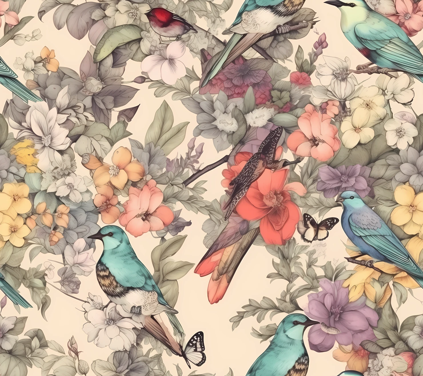 Songbirds and Floral, seamless pattern on a light color background #29864
