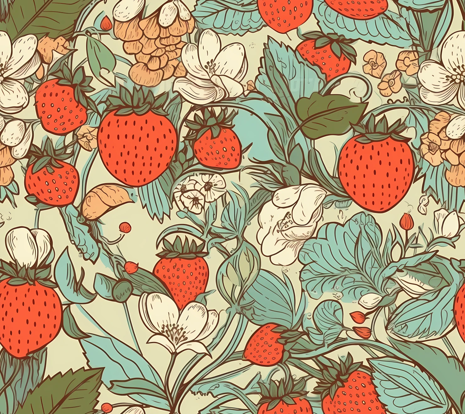 Strawberries boho seamless pattern on a light color background #29865