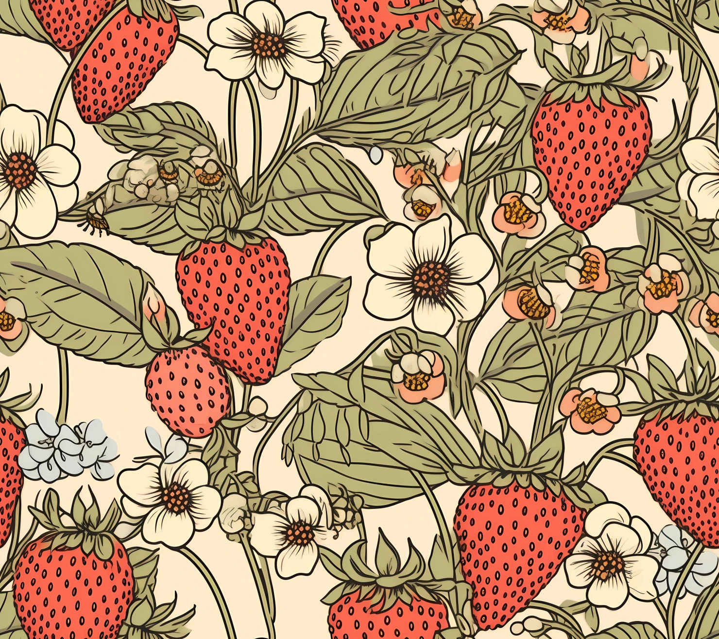 Strawberries boho seamless pattern on a light color background #29866