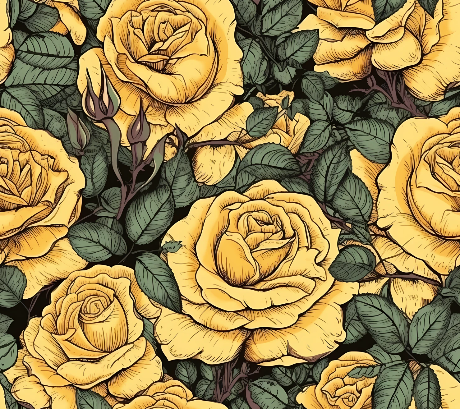 Yellow rose boho seamless pattern on a light color background #29886